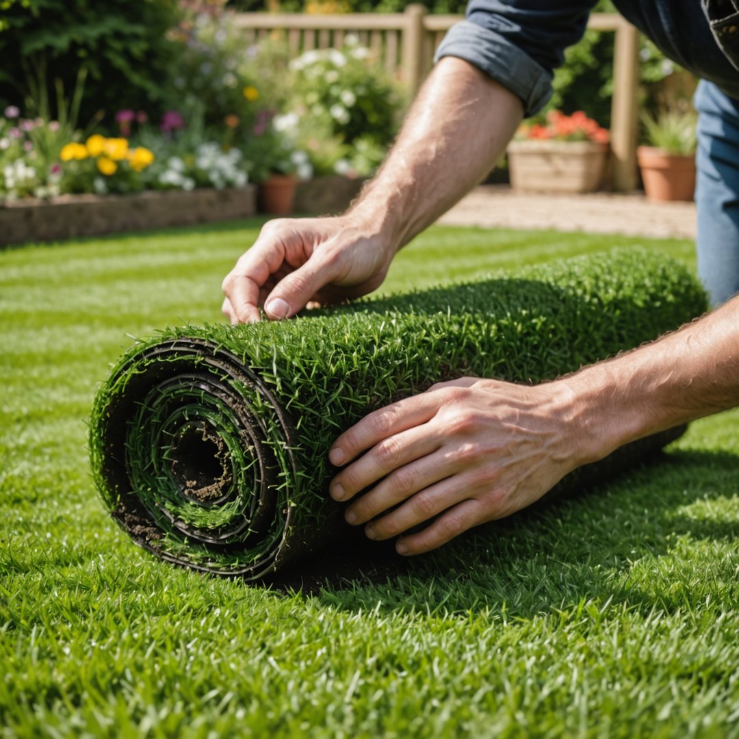 Laying turf on prepared ground