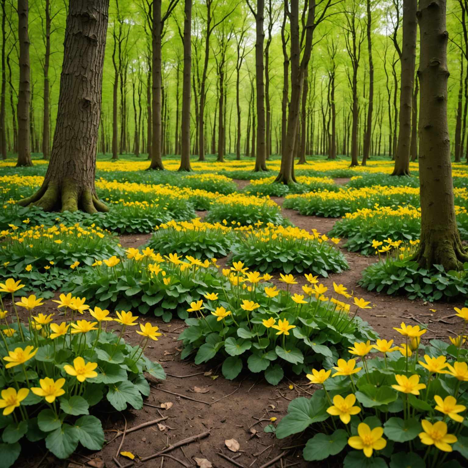 Carpet of lesser celandine in woodland