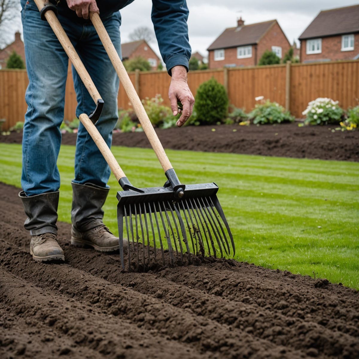 Levelling soil with rake for lawn preparation