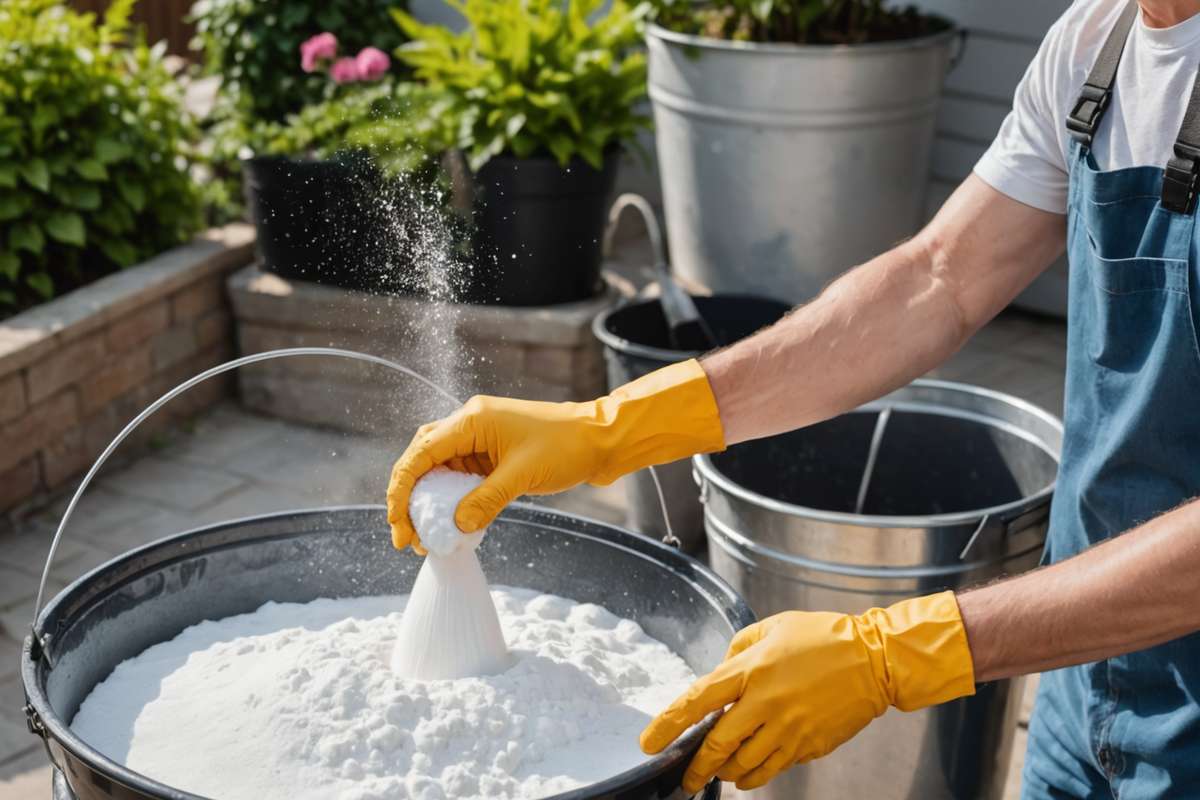 Mixing sodium percarbonate solution in bucket of warm water