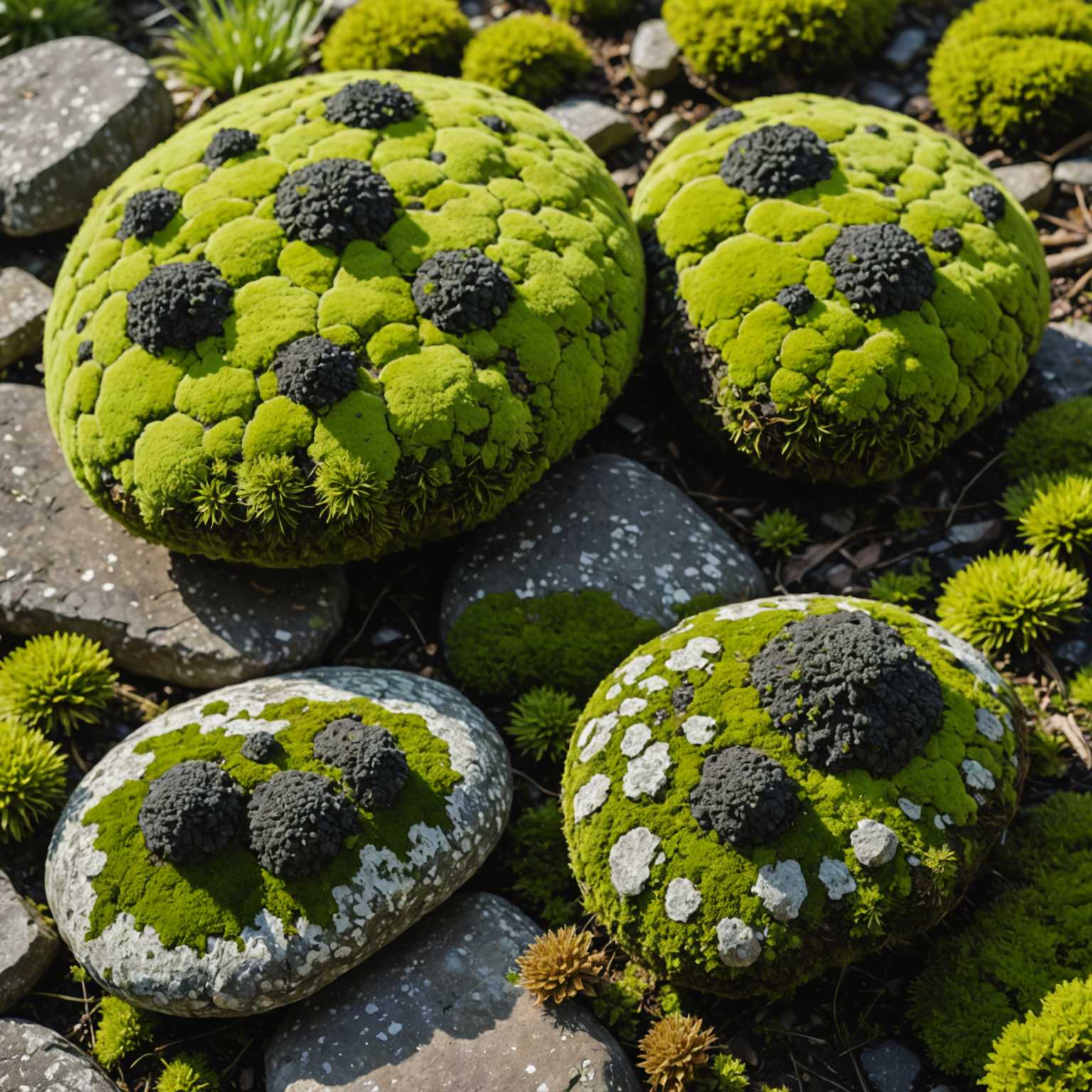 Moss, algae and lichen growing on stone surface showing the differences