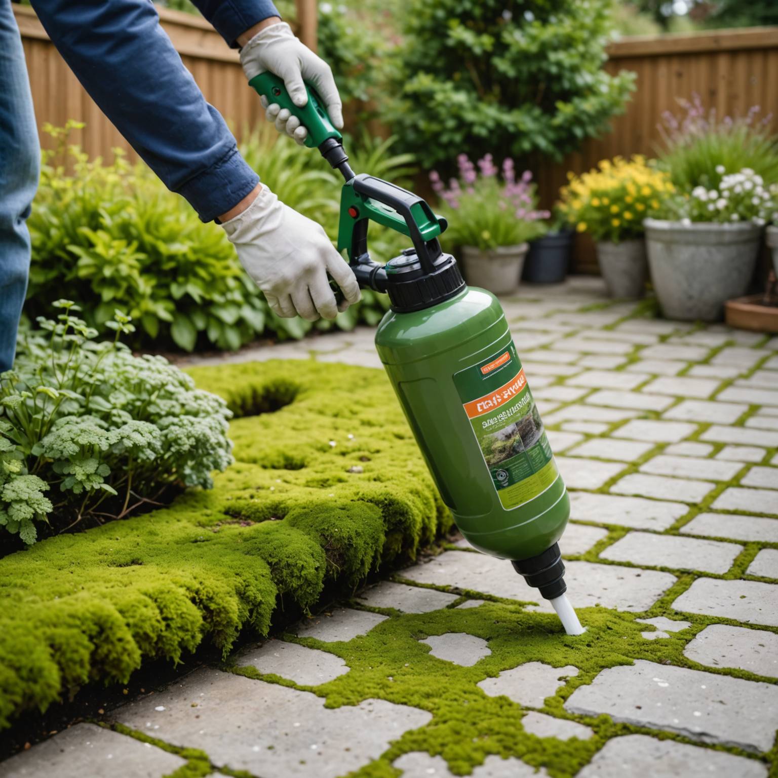 Person spraying treatment onto patio with mixed growth