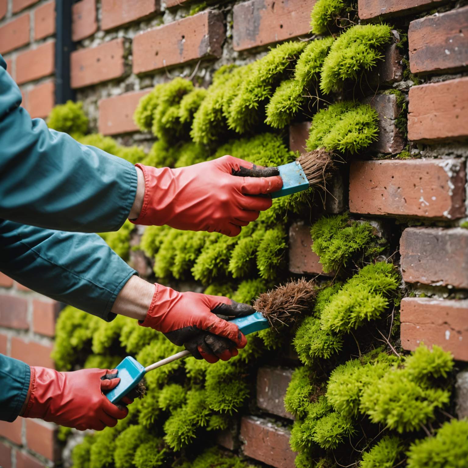 Person brushing dead moss off brick wall with stiff brush