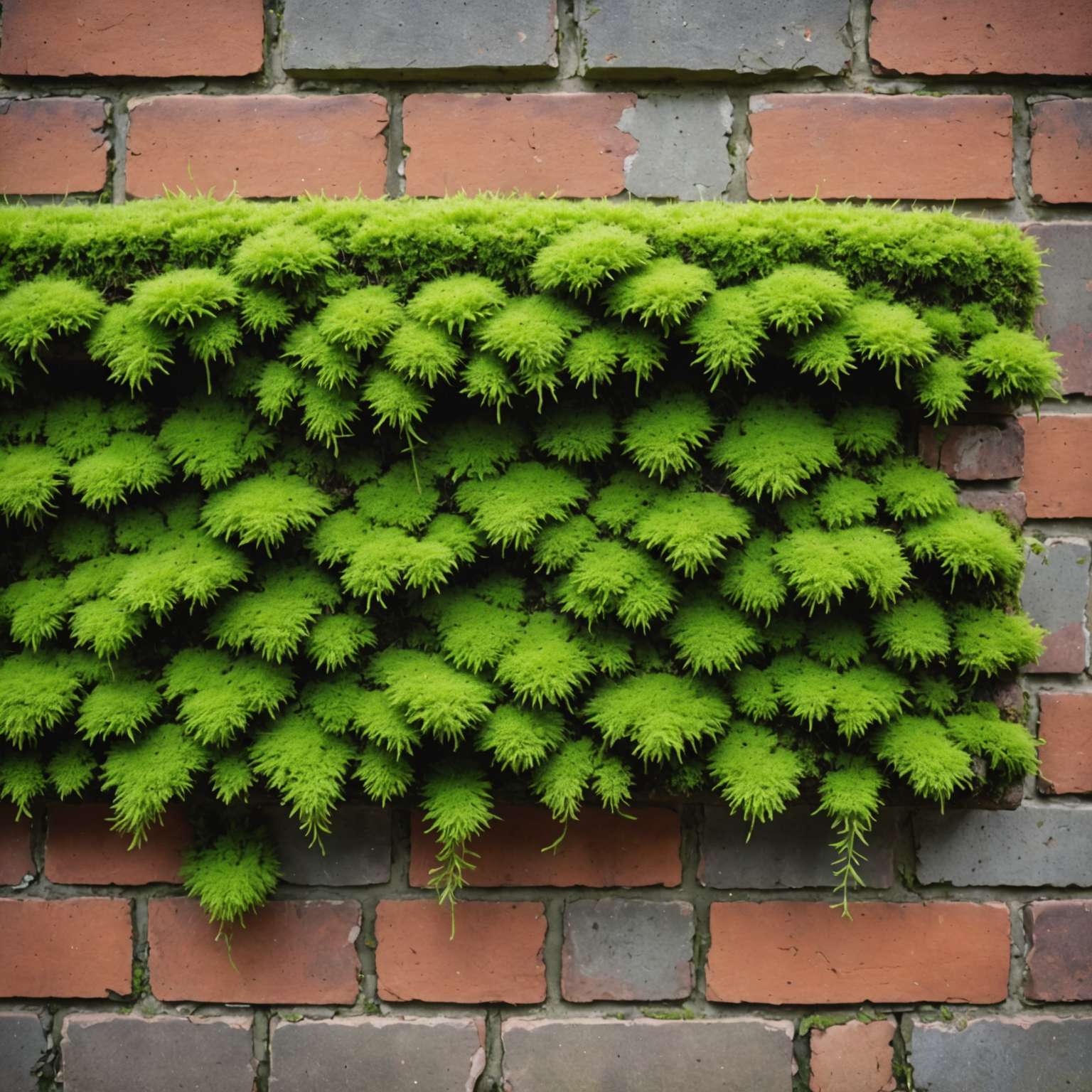 Moss growing on red brick wall in a UK garden