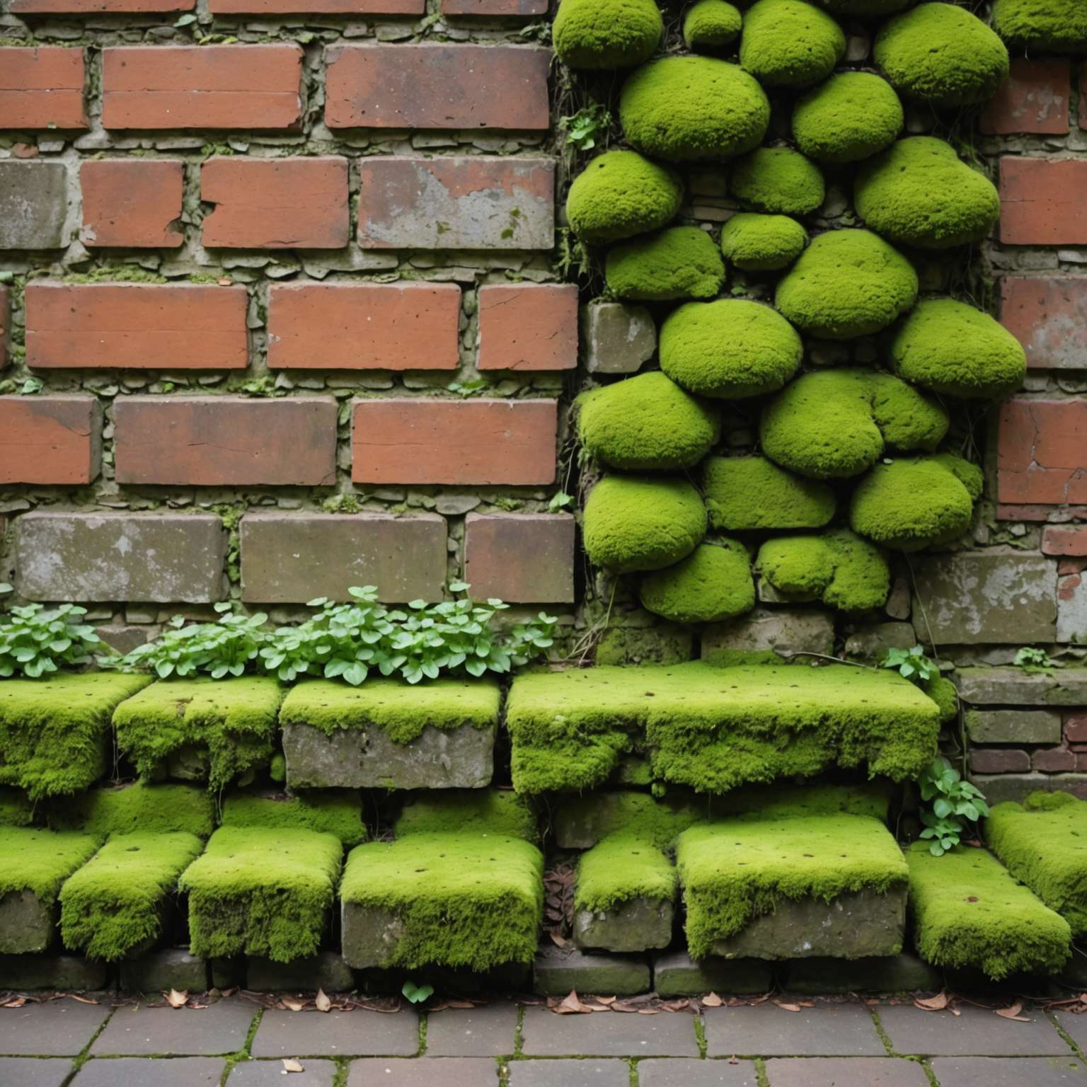 Severely moss-covered brick wall showing thick green growth