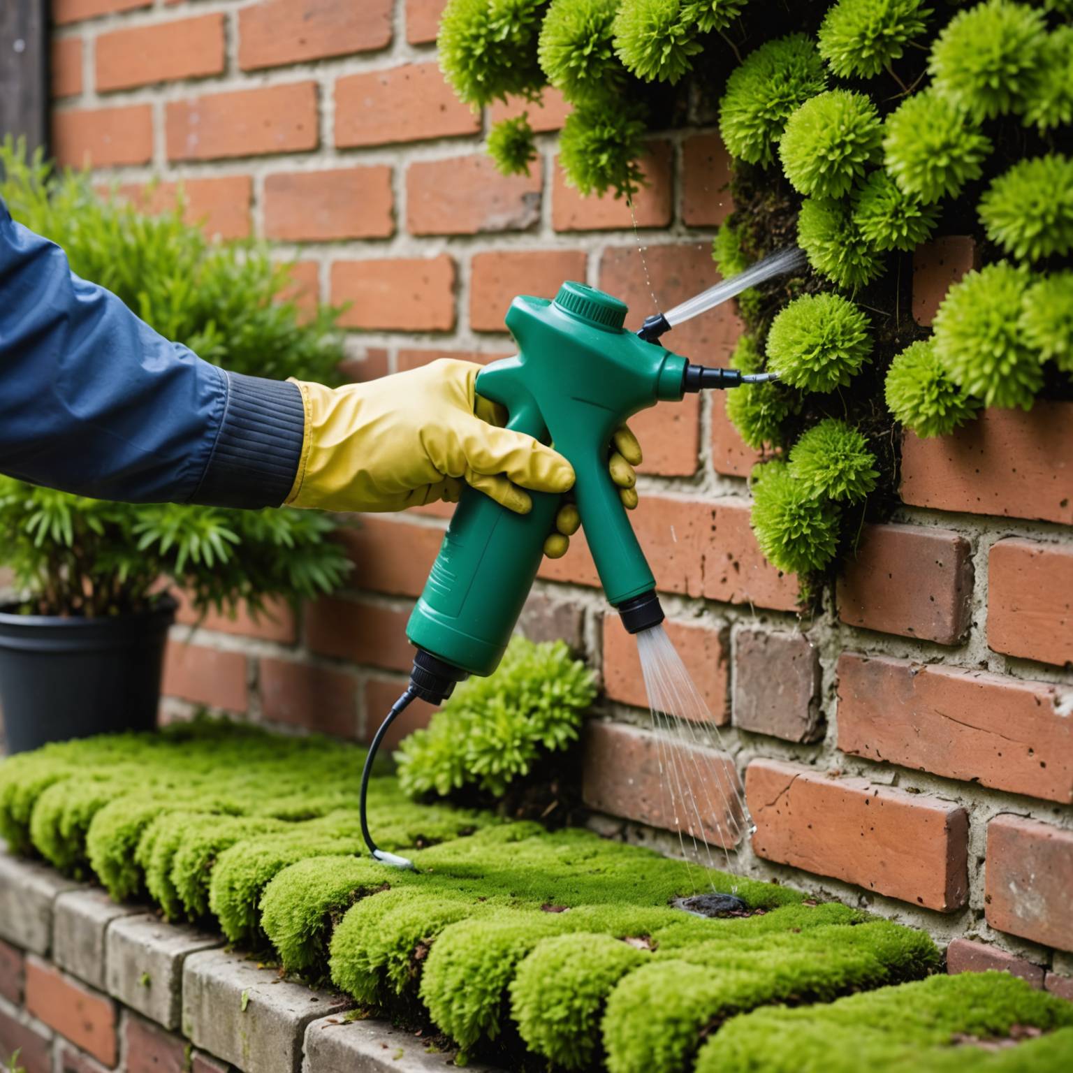 Person spraying moss killer treatment onto brick wall