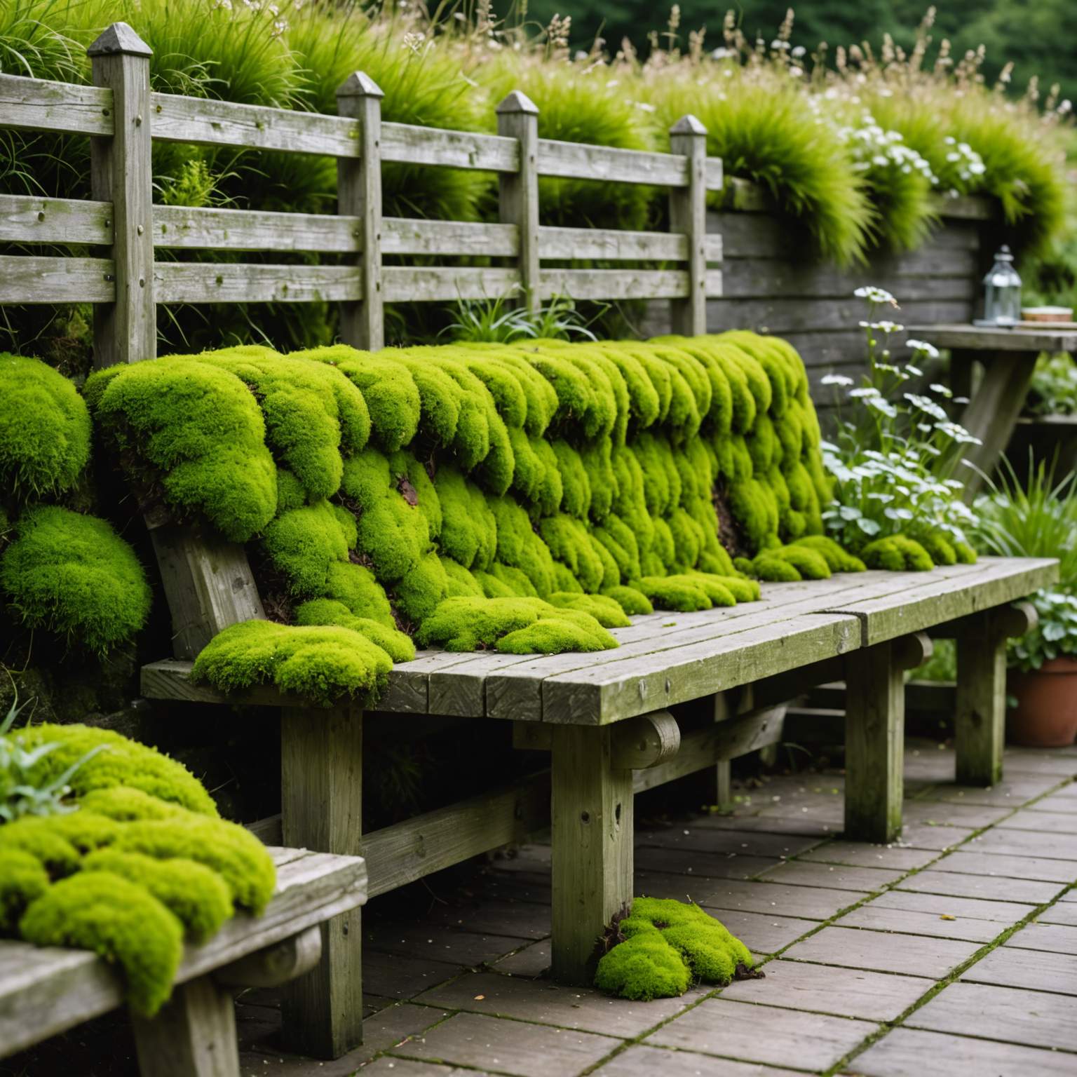 Moss and algae growing on wooden garden furniture