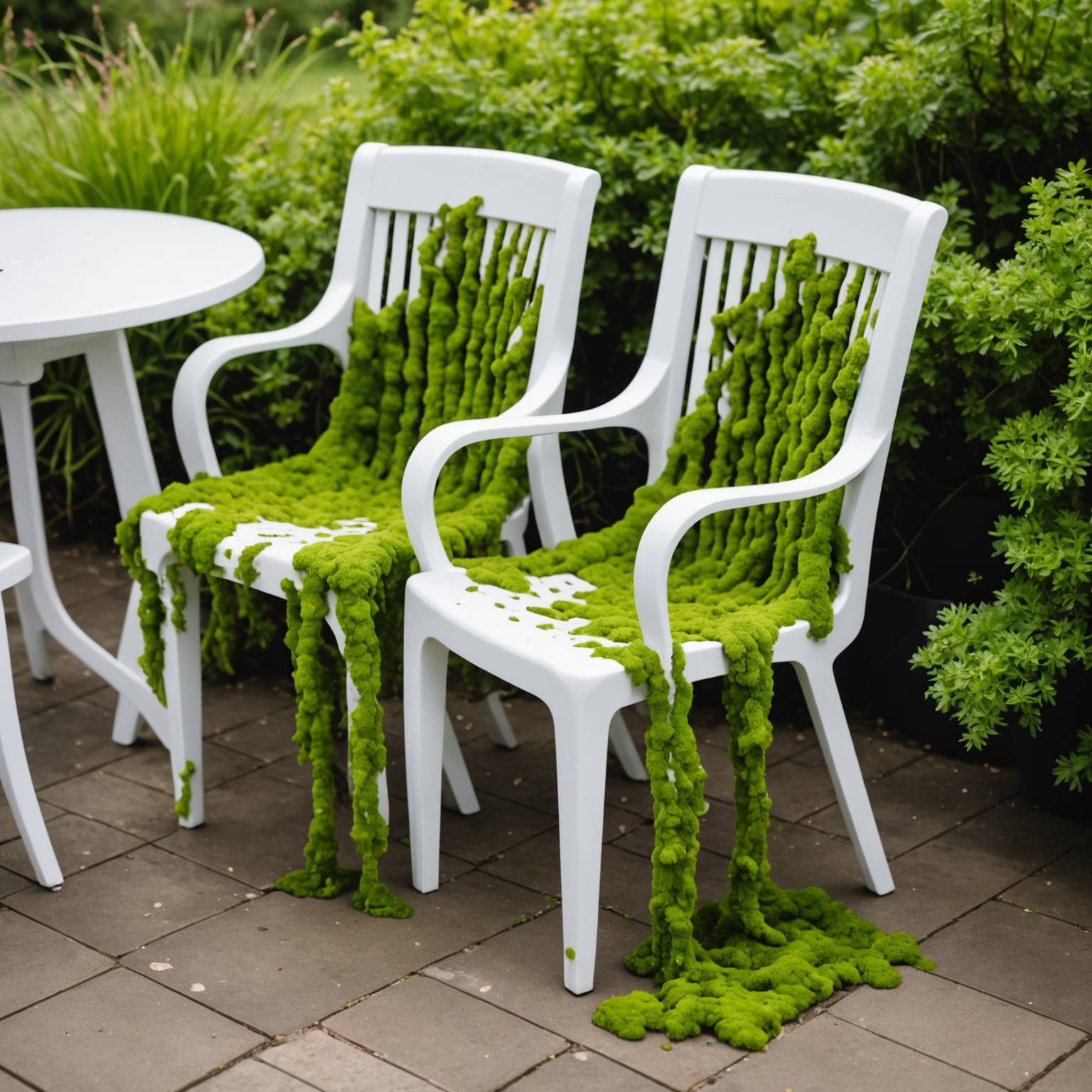 Algae growth on plastic garden chairs