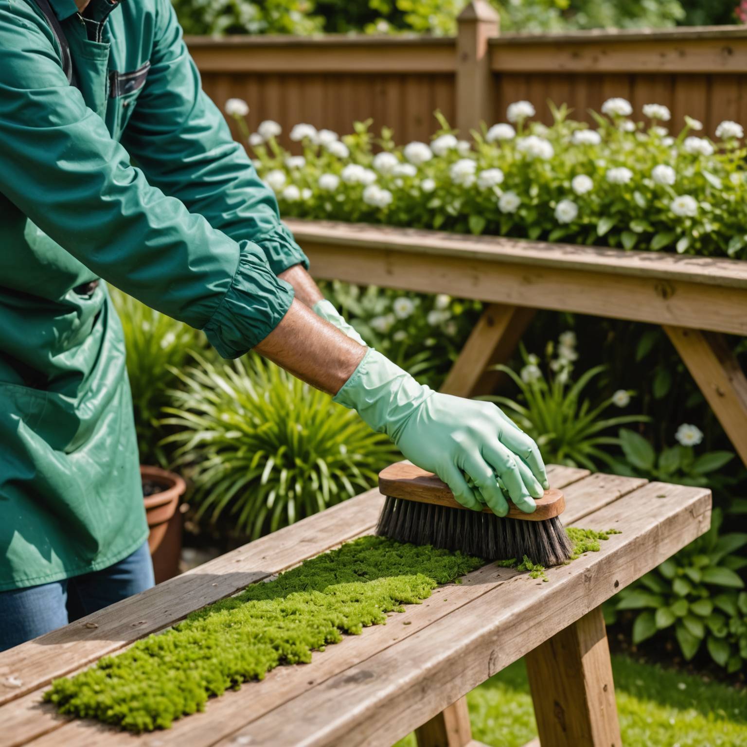 Person scrubbing moss off wooden garden bench