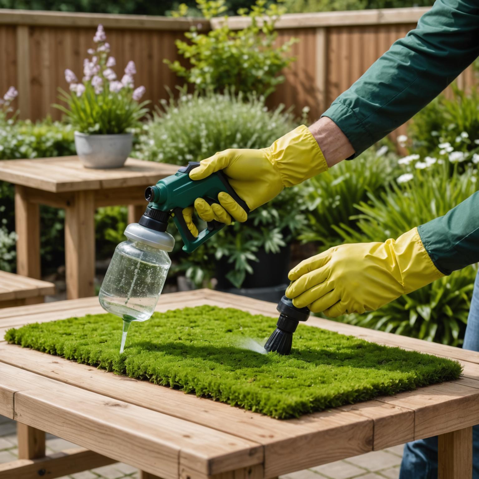Spraying moss treatment onto wooden garden table