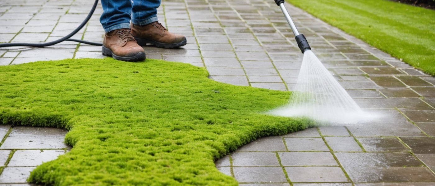 Pressure washing moss from patio