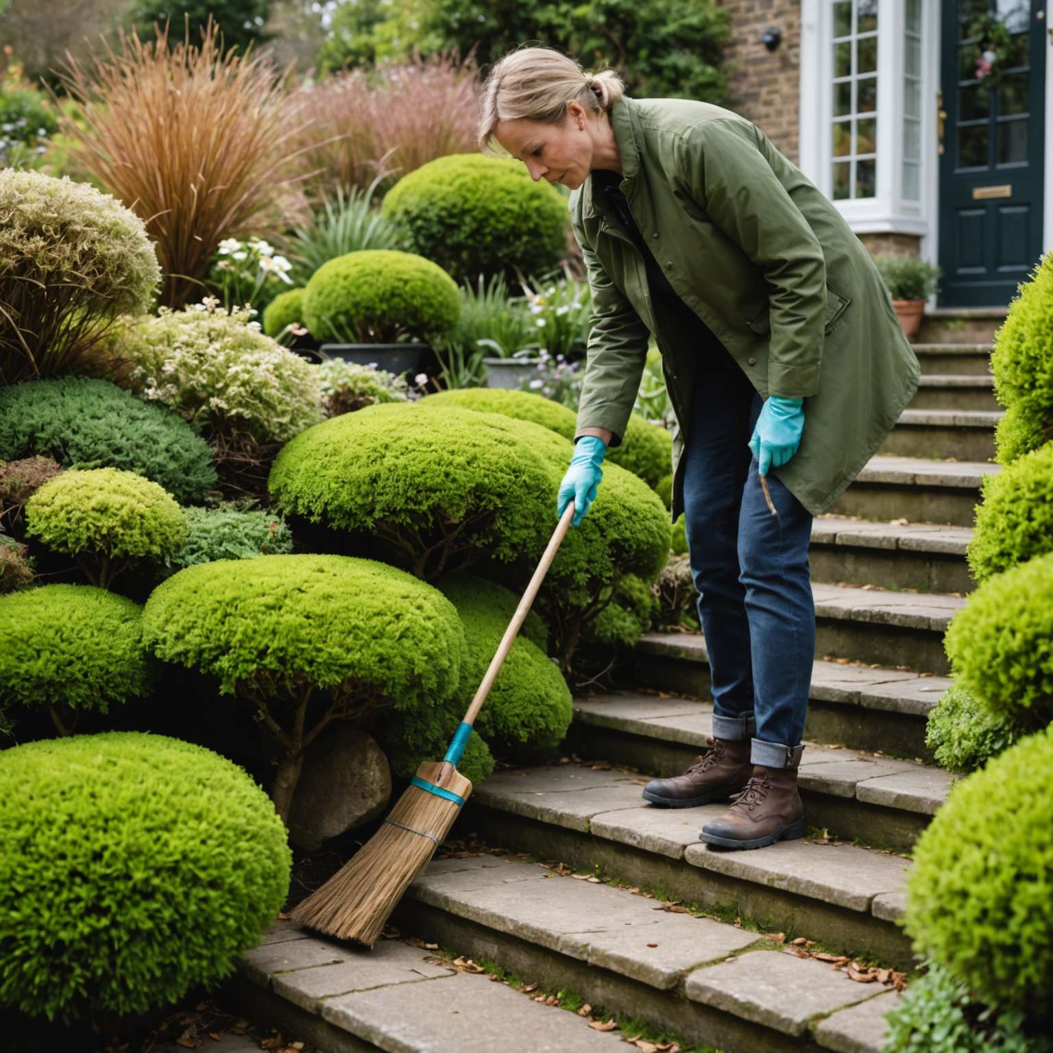 Brushing dead moss off garden steps