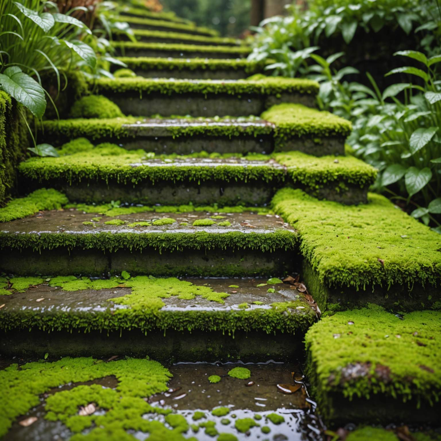 Close-up of dangerously slippery wet moss on steps