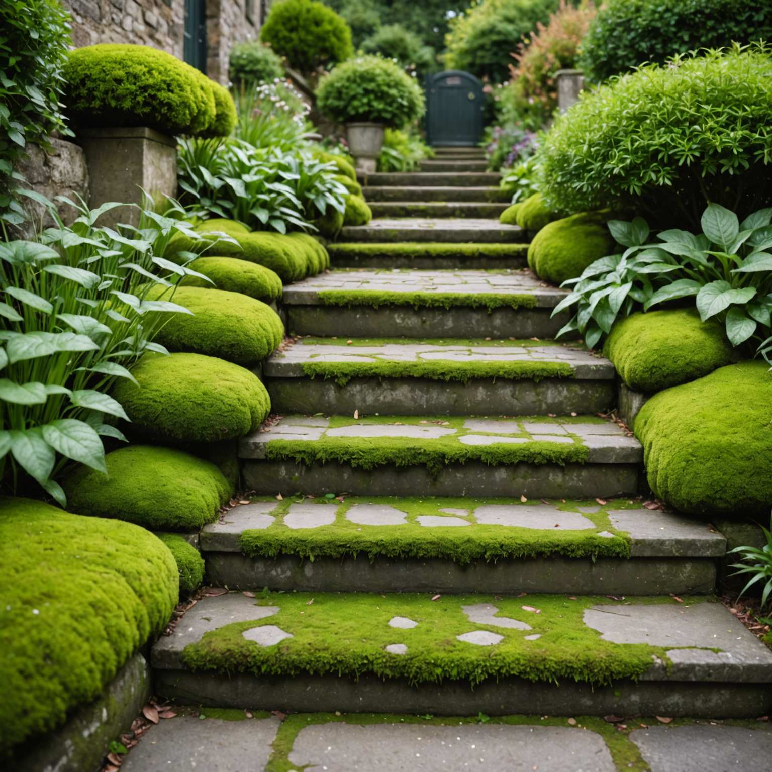 Moss growing on outdoor stone garden steps