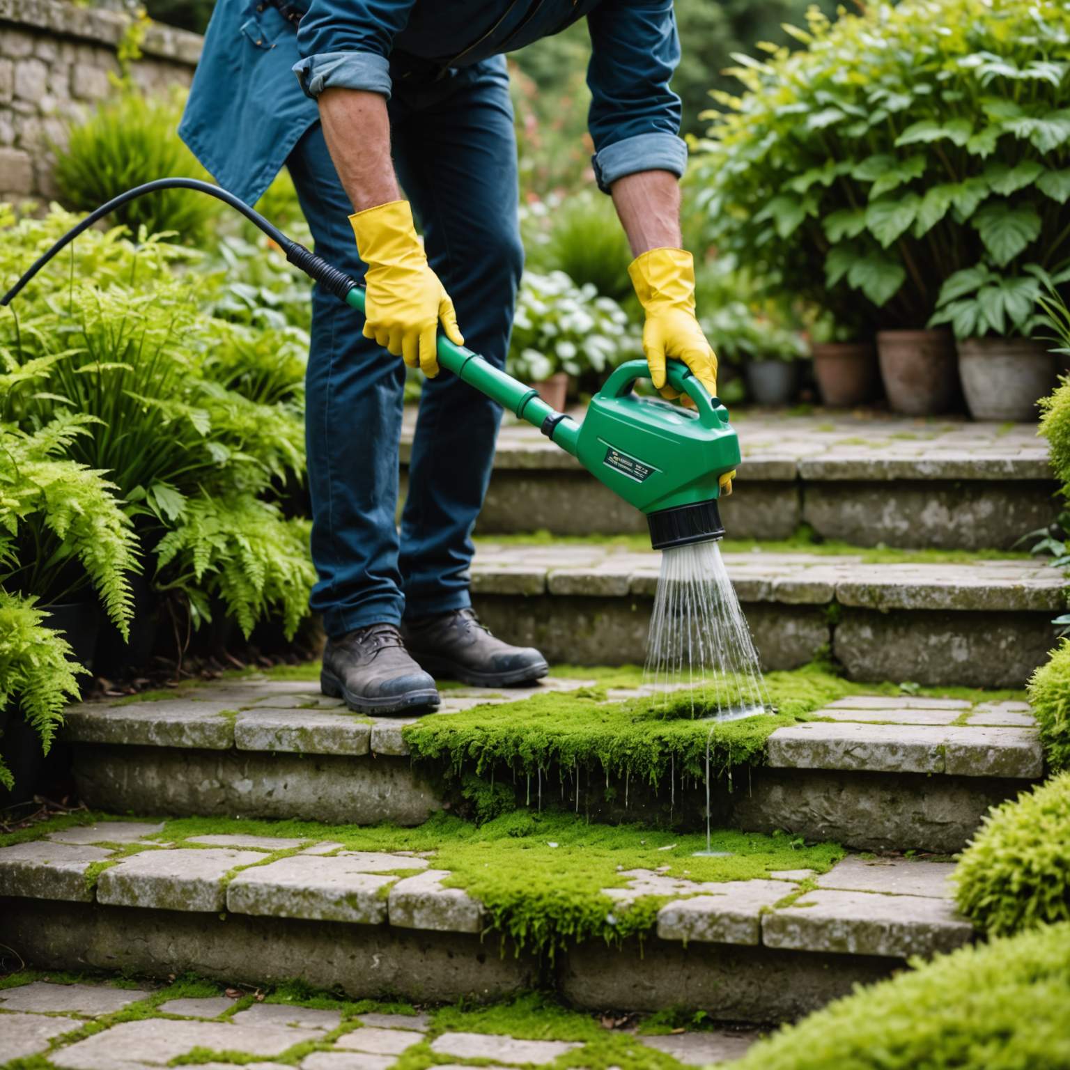 Person spraying moss treatment onto stone steps