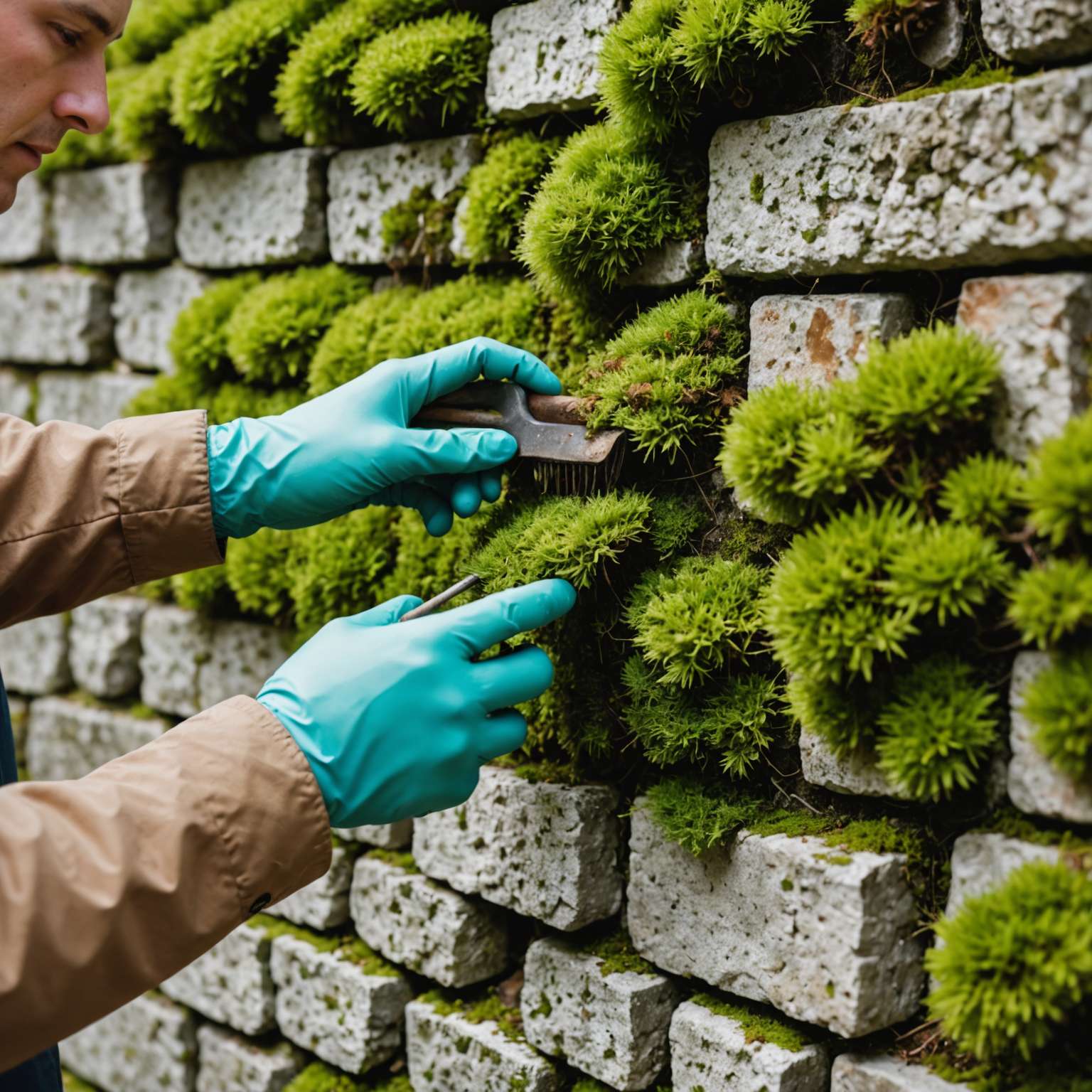 Brushing dead moss off stone wall