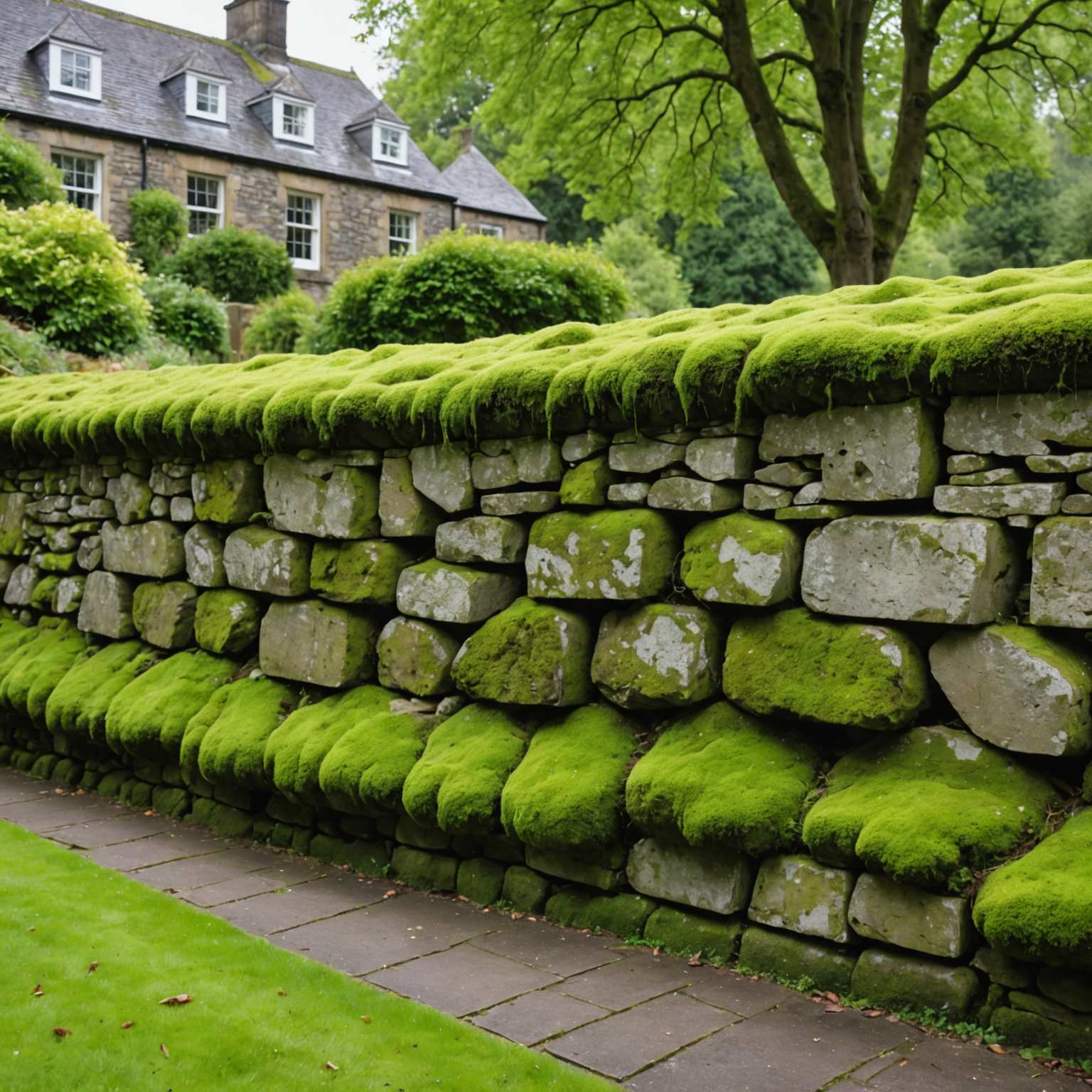 Severely moss-covered stone boundary wall