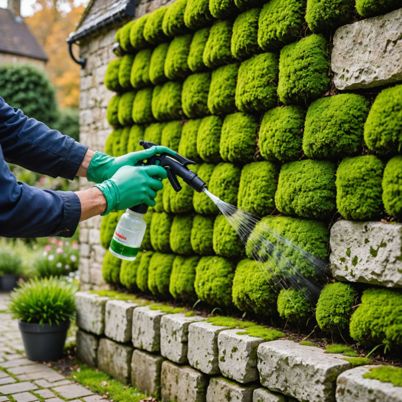 Person spraying moss treatment onto stone wall