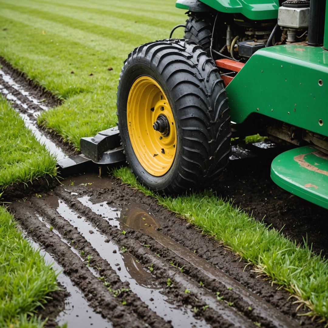 Mower ruts in wet lawn