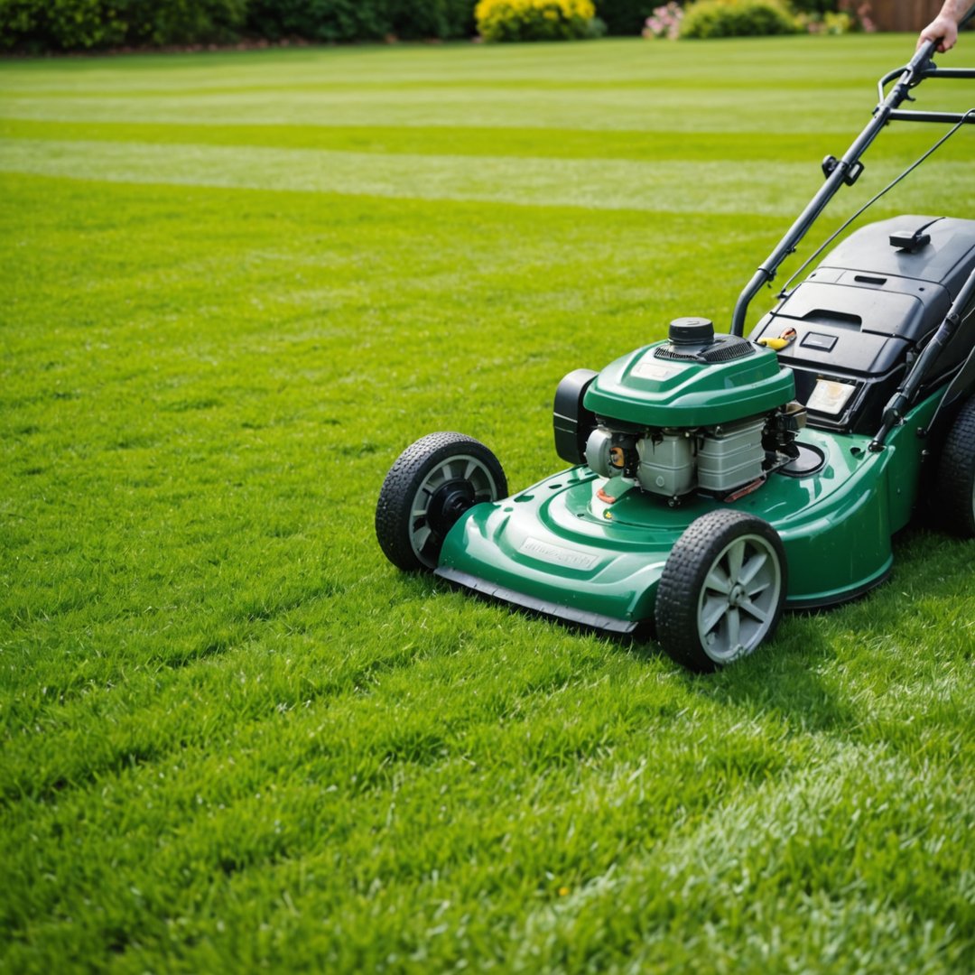 Mowing lush spring lawn