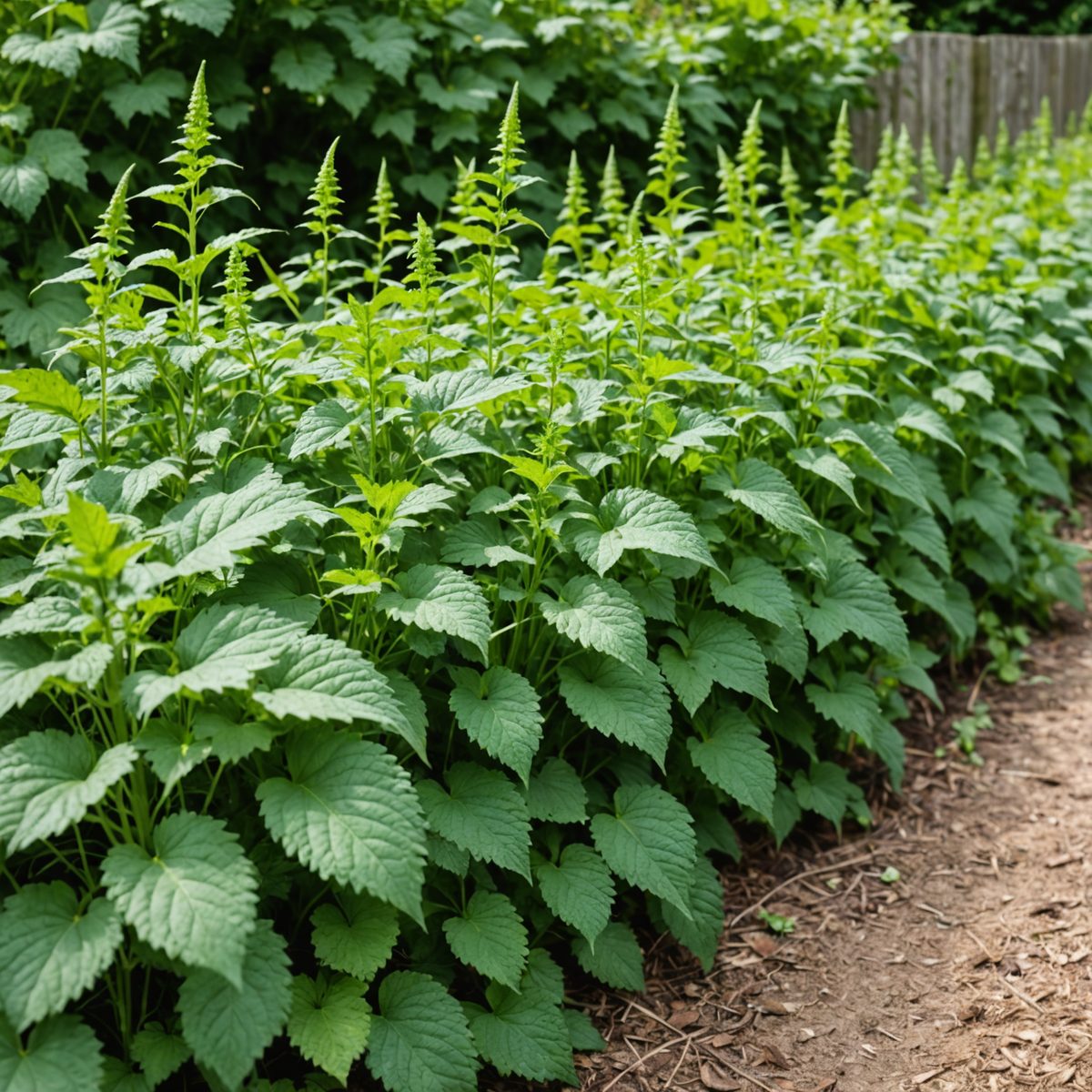Nettle patch growing along garden edge