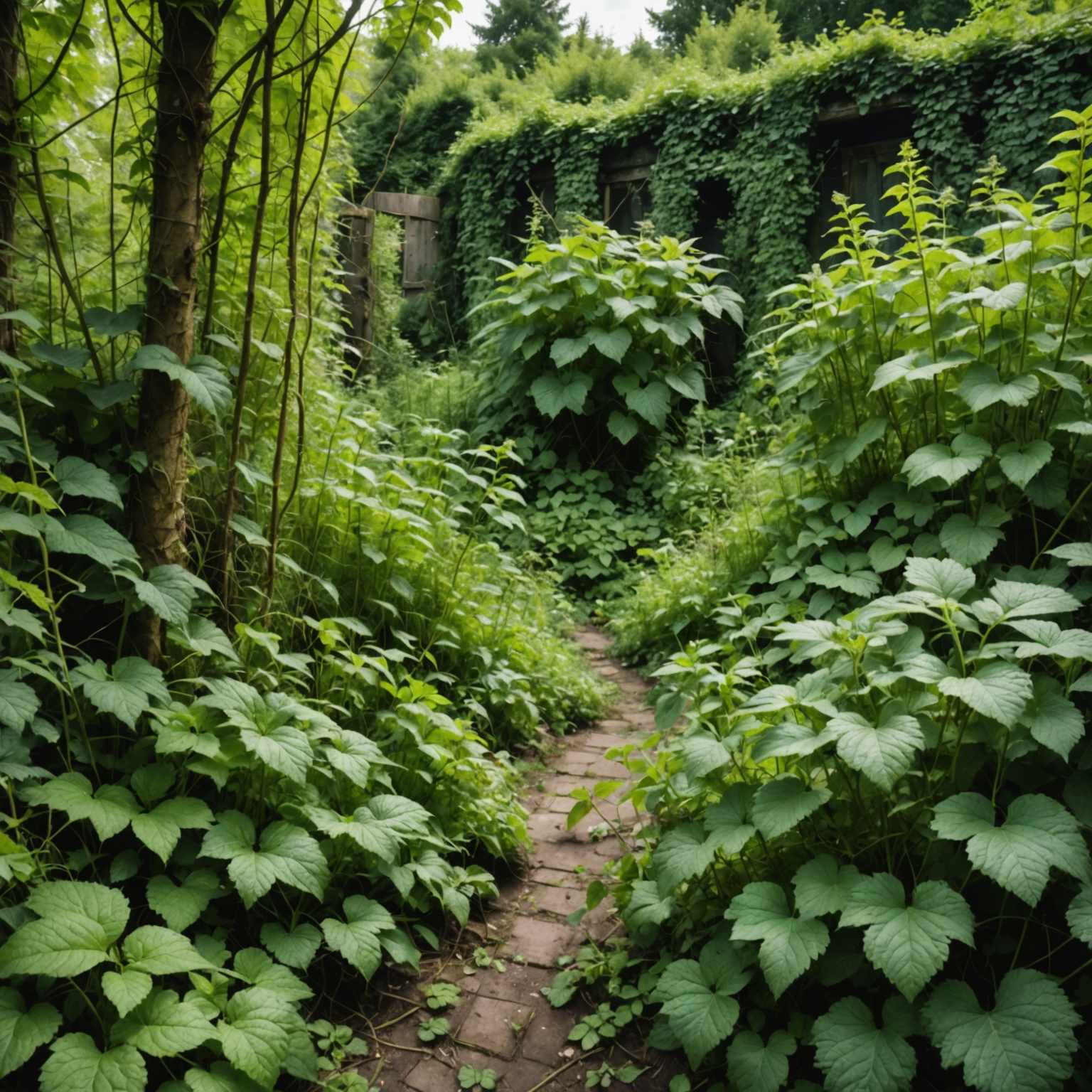 Severely overgrown neglected garden