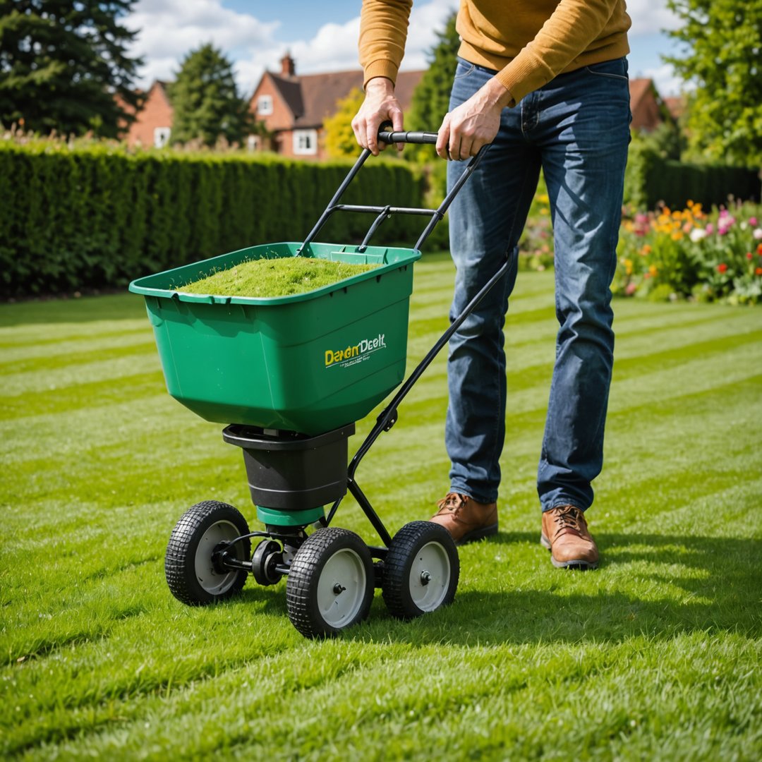 Using seed spreader to overseed lawn