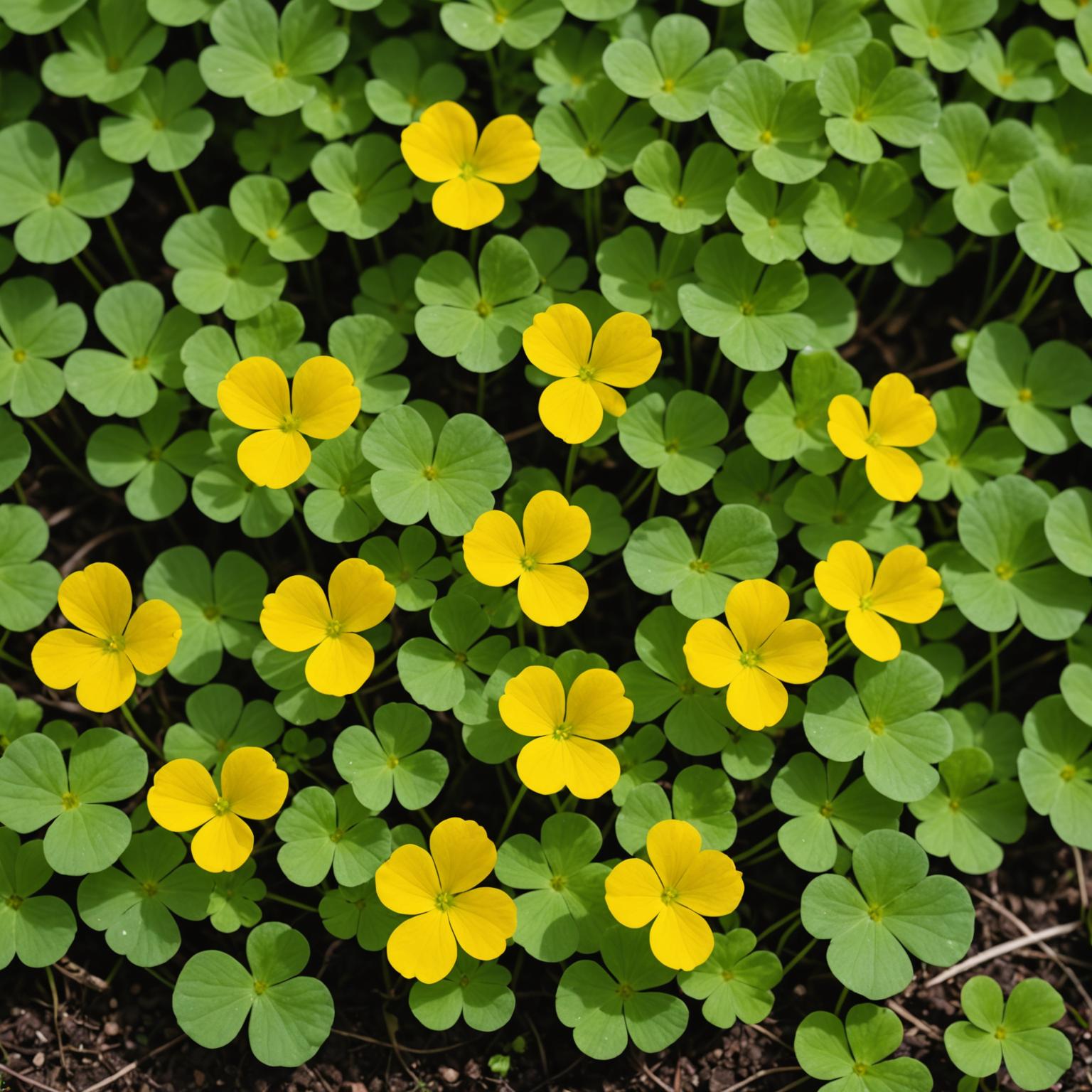 Oxalis wood sorrel growing in garden bed