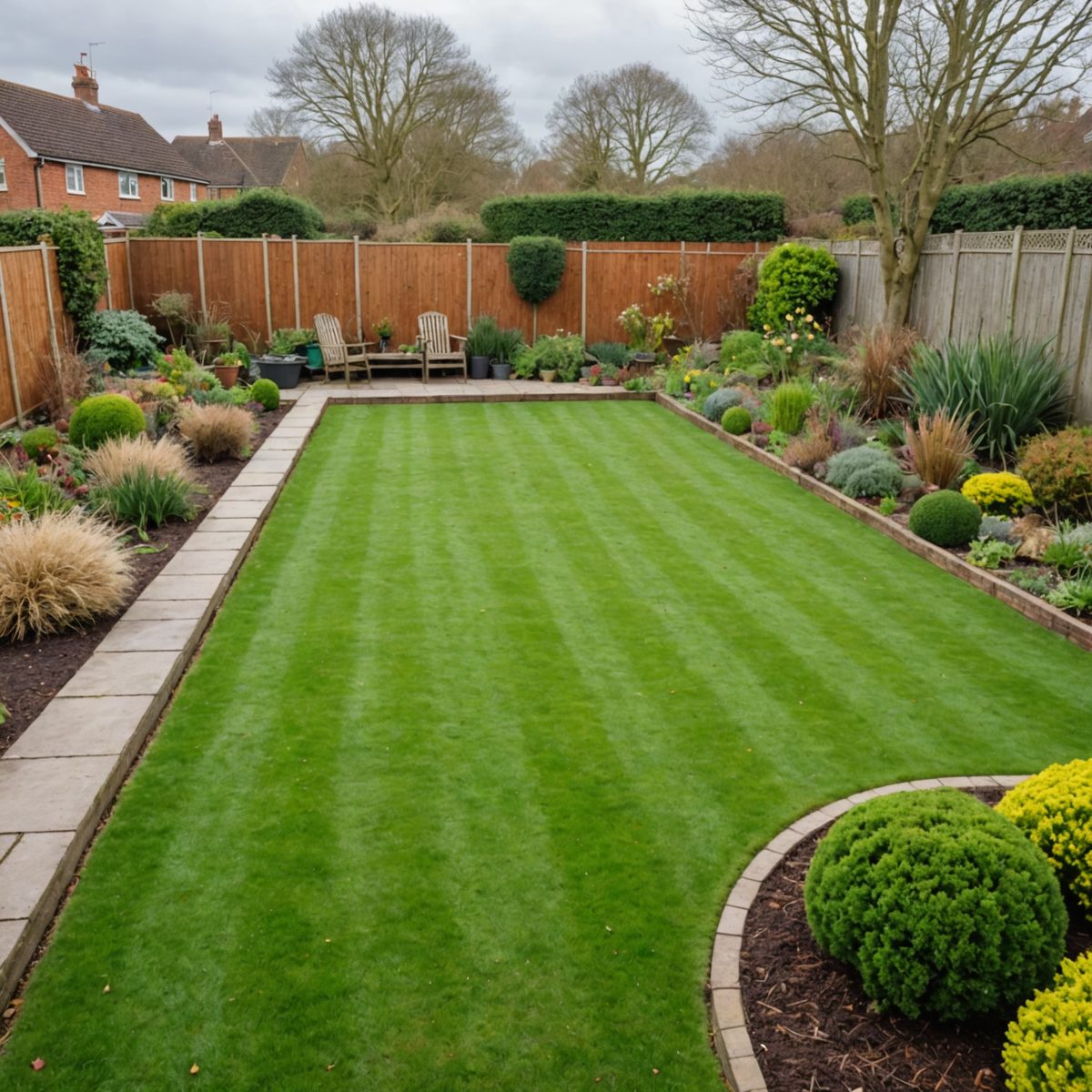 Patchy lawn in a UK garden during winter with bare soil patches and frost-edged grass