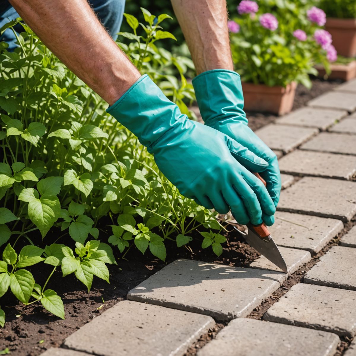 Using a patio knife tool to remove weeds from between paving slabs