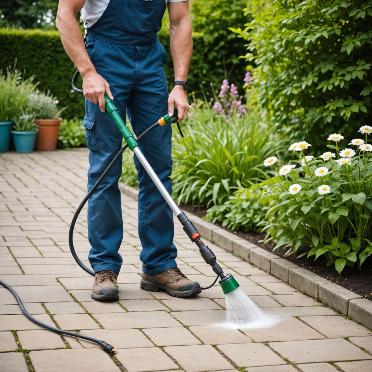 Gardener spraying weedkiller on patio weeds between slabs