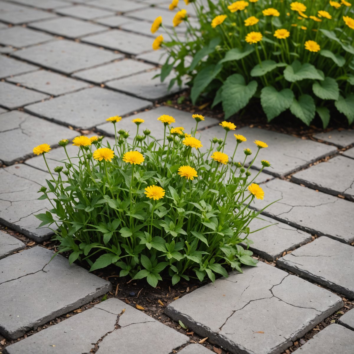 Weeds growing through cracks between grey patio paving slabs