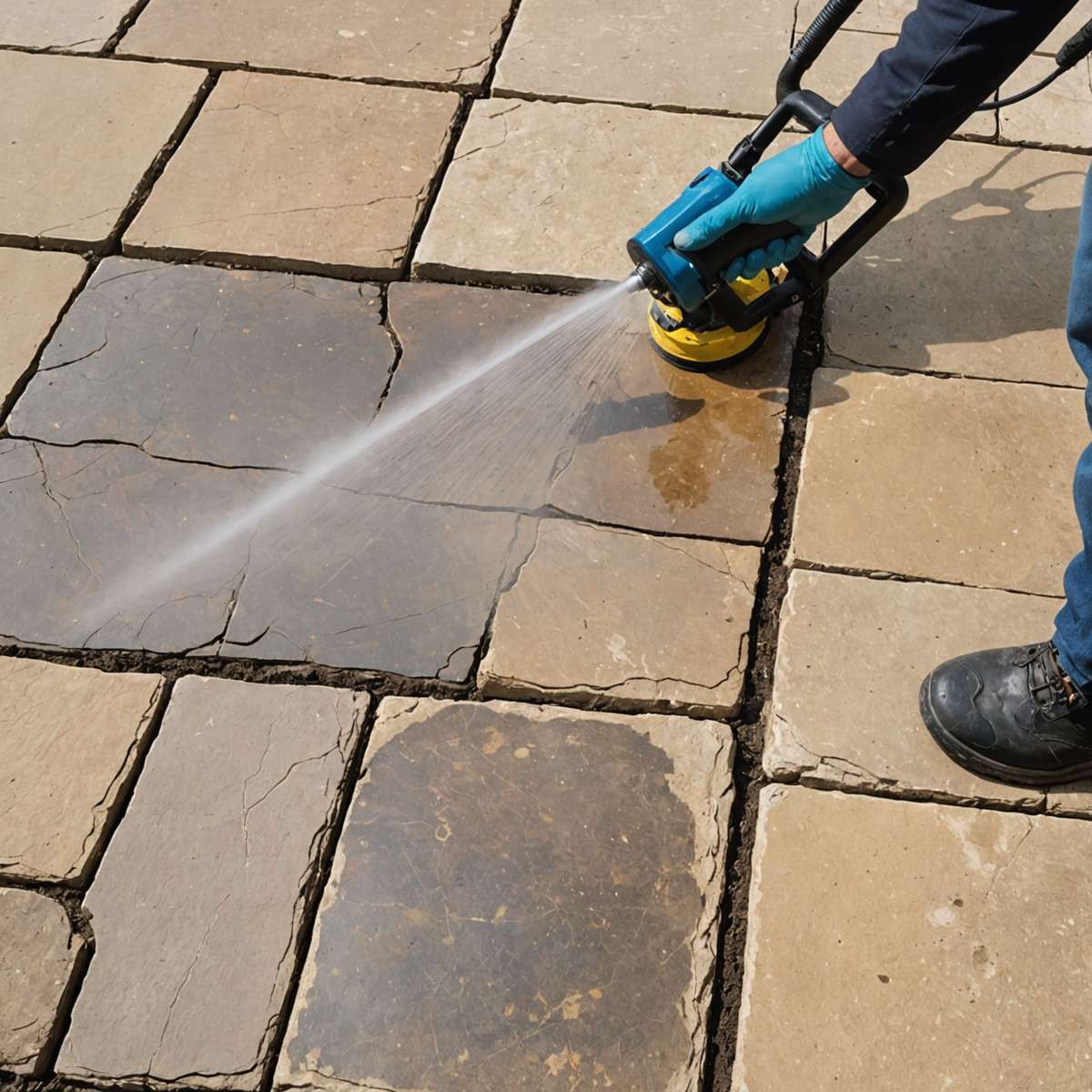Pressure washer damage on Indian sandstone surface