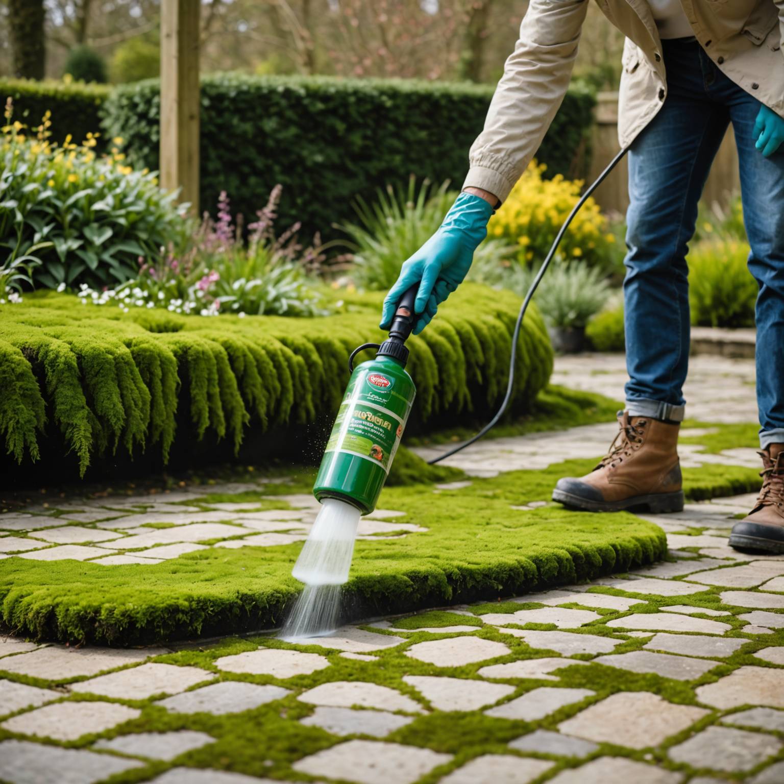 Applying moss treatment before pressure washing