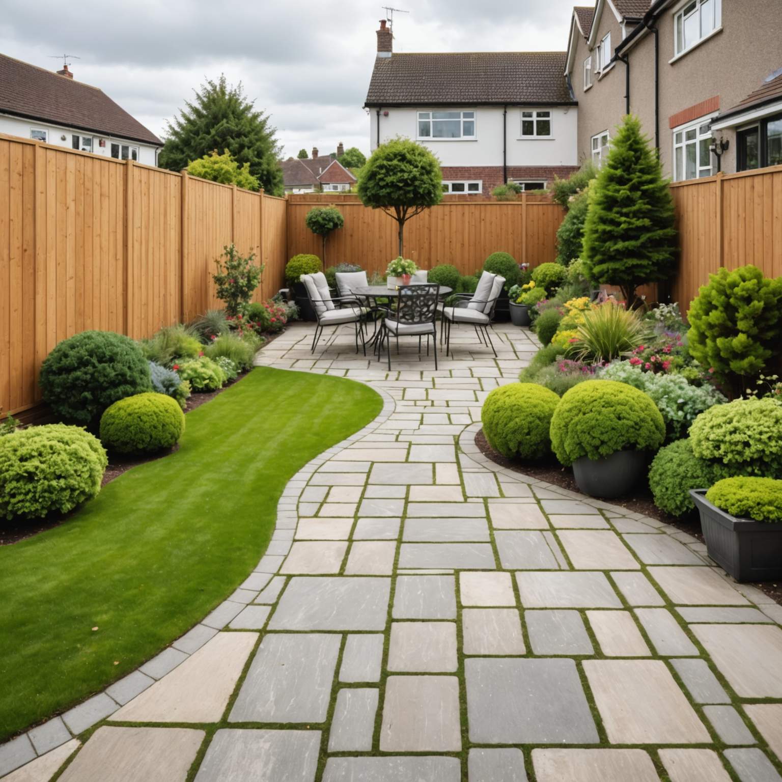 Clean, moss-free patio in a well-maintained UK garden