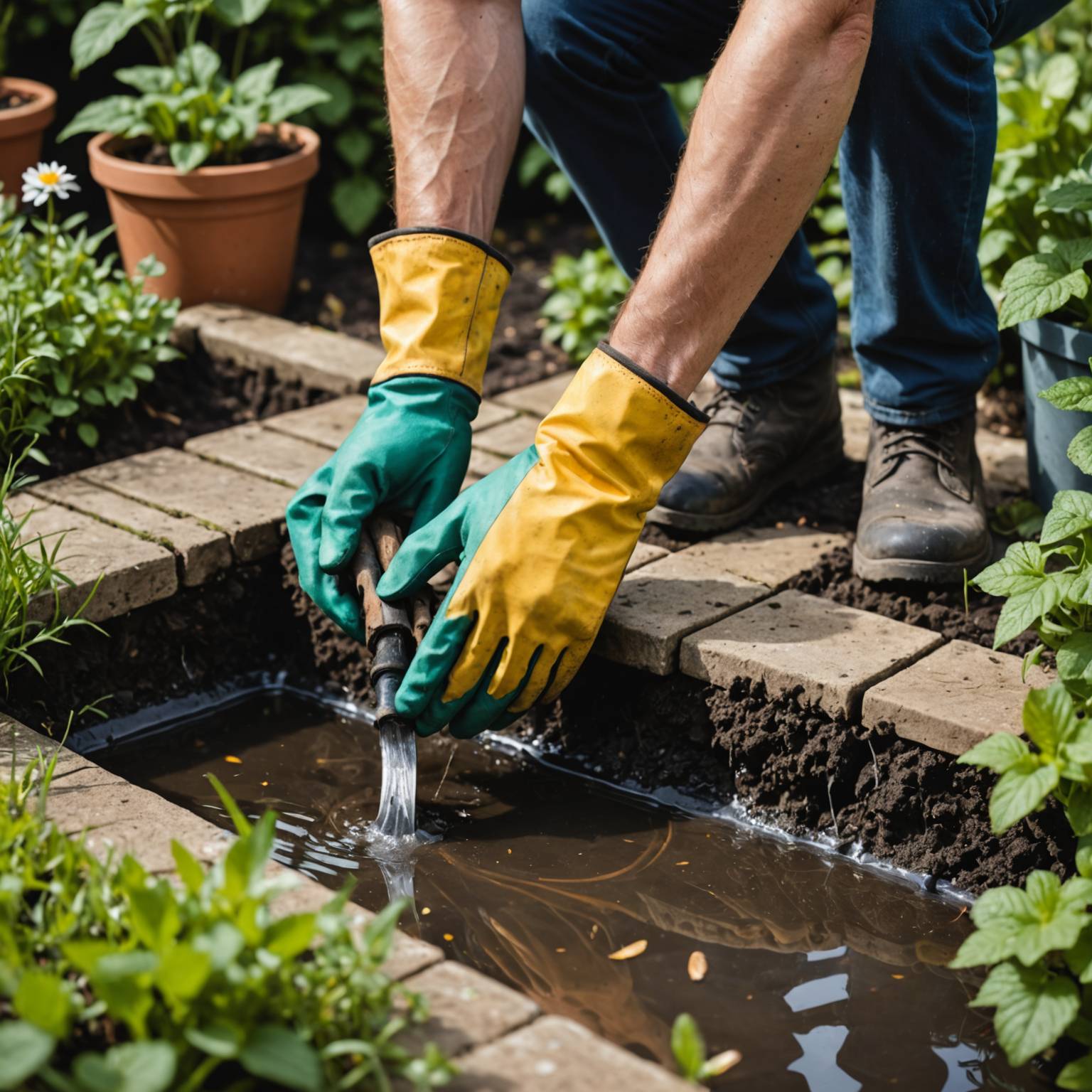 Person wearing gardening gloves improving drainage near a patio