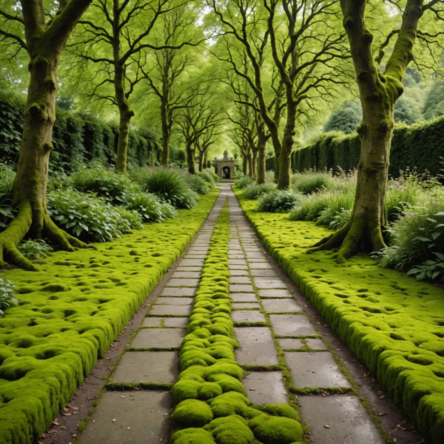 Severely moss-covered garden path showing thick green growth