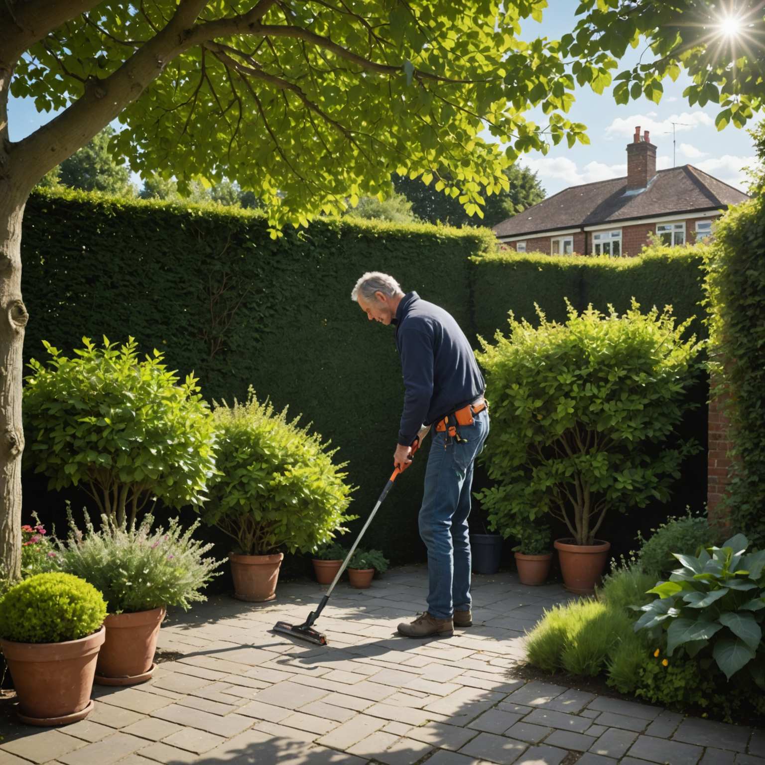 Person trimming overhanging tree branches to let more light reach a patio