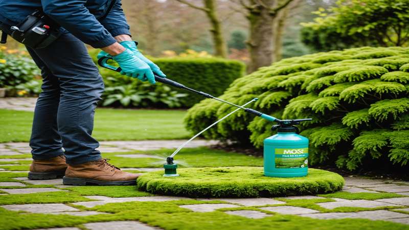 Professional moss killer being applied with garden sprayer