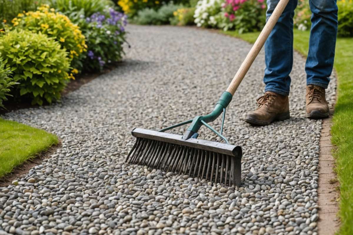 Raking gravel driveway to remove dead moss and debris