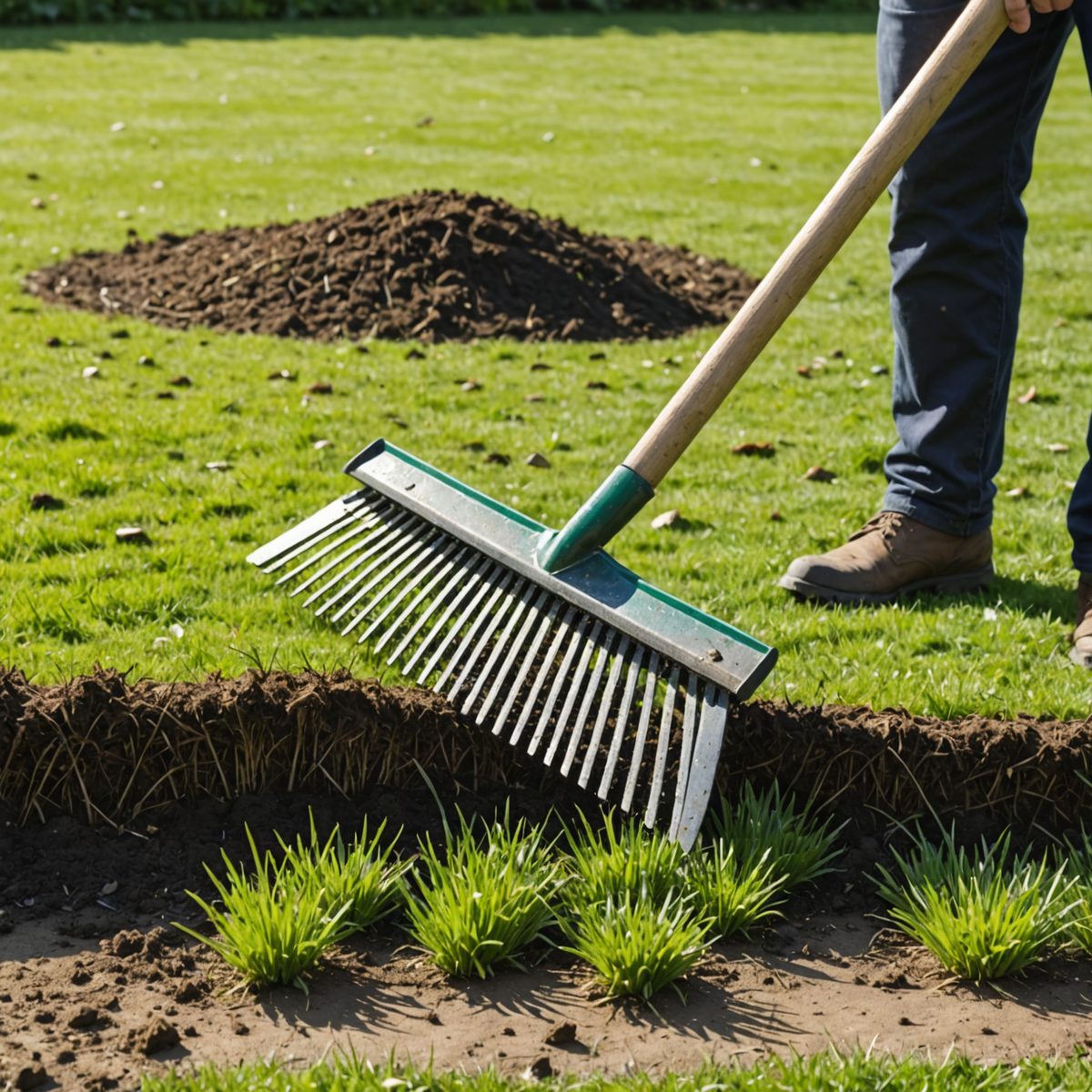 Raking lawn to remove thatch and debris before overseeding