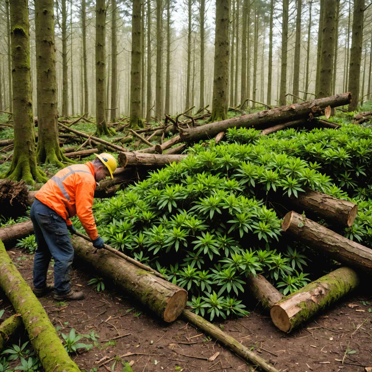Clearing rhododendron from woodland