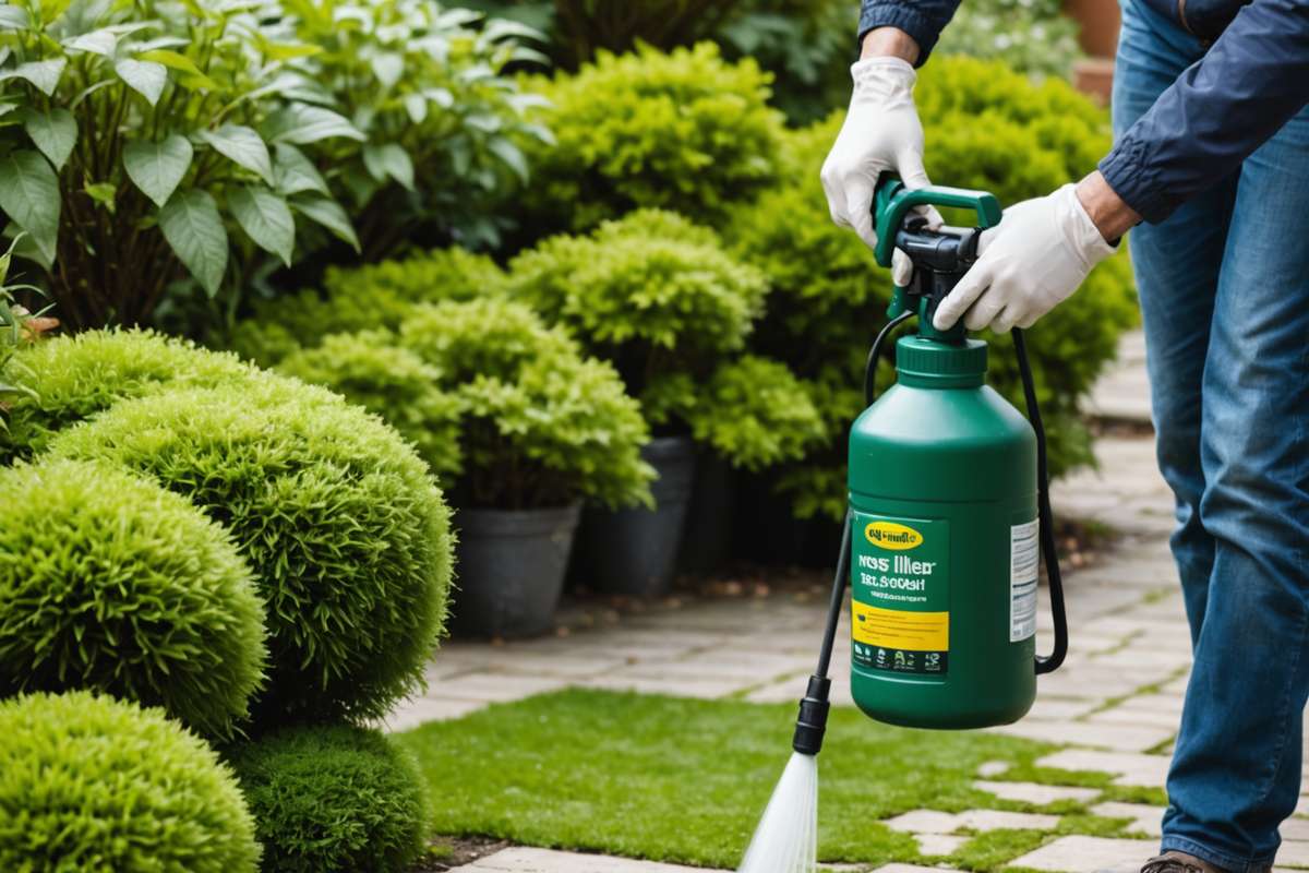 Safe moss treatment application with healthy garden plants nearby