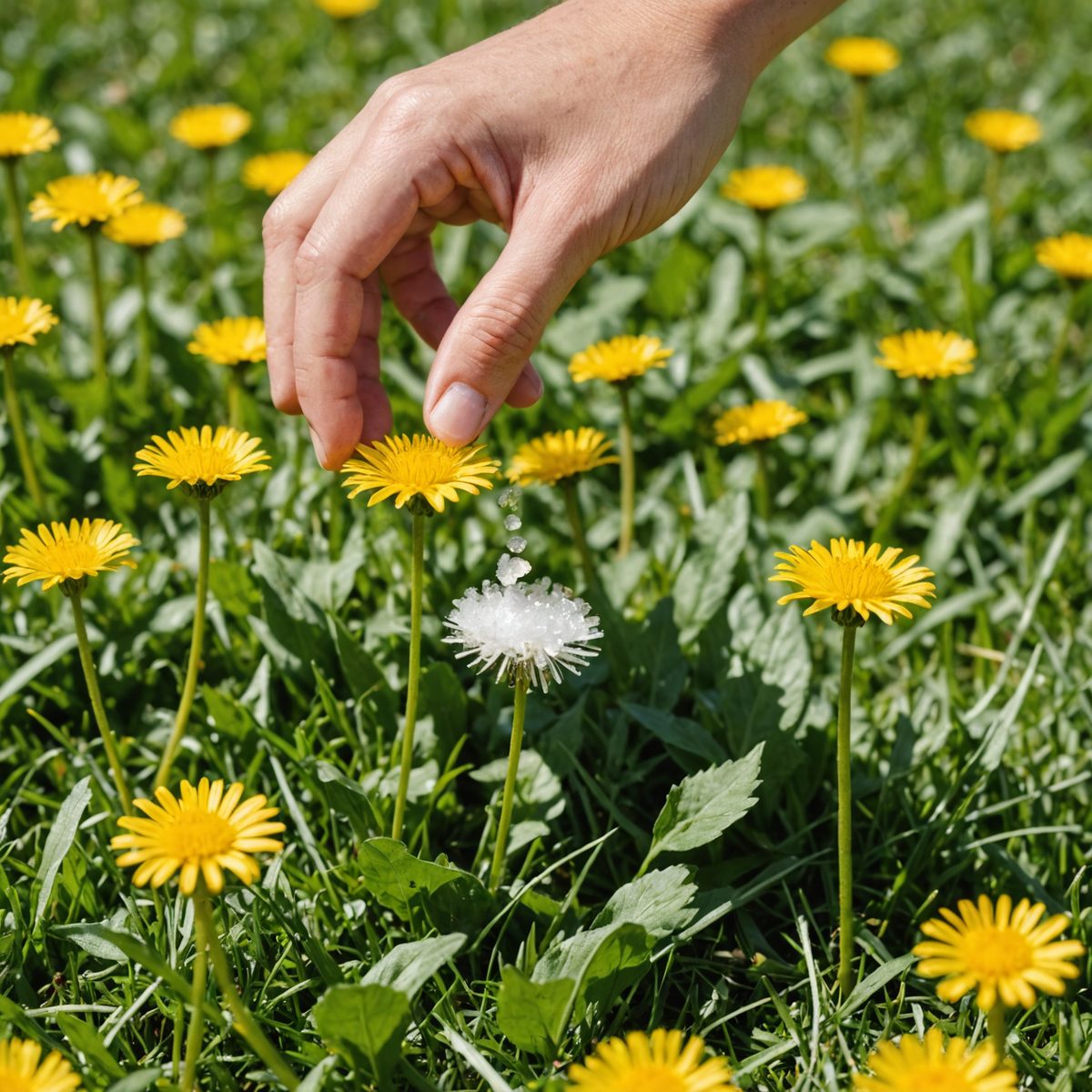 Salt scattered on dandelion in lawn