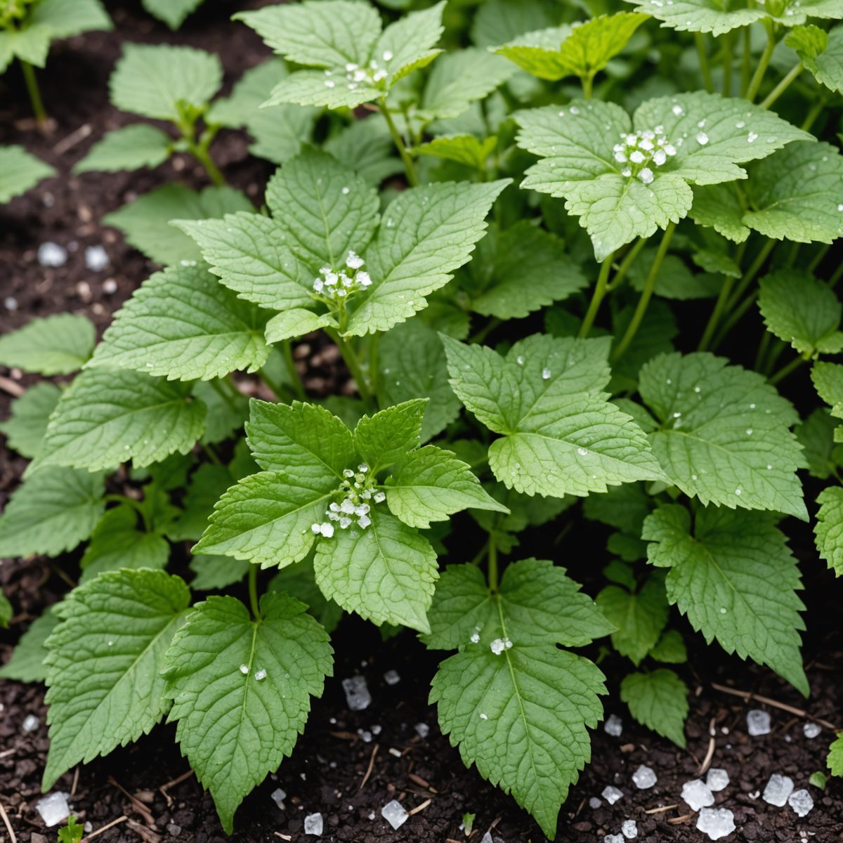 Salt scattered around ground elder
