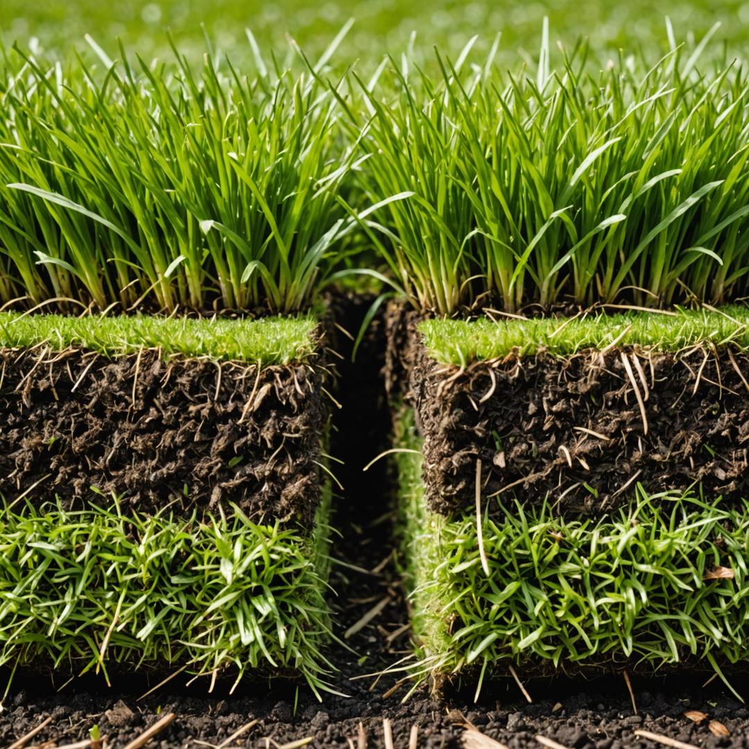 Close-up of thatch layer in lawn between grass and soil