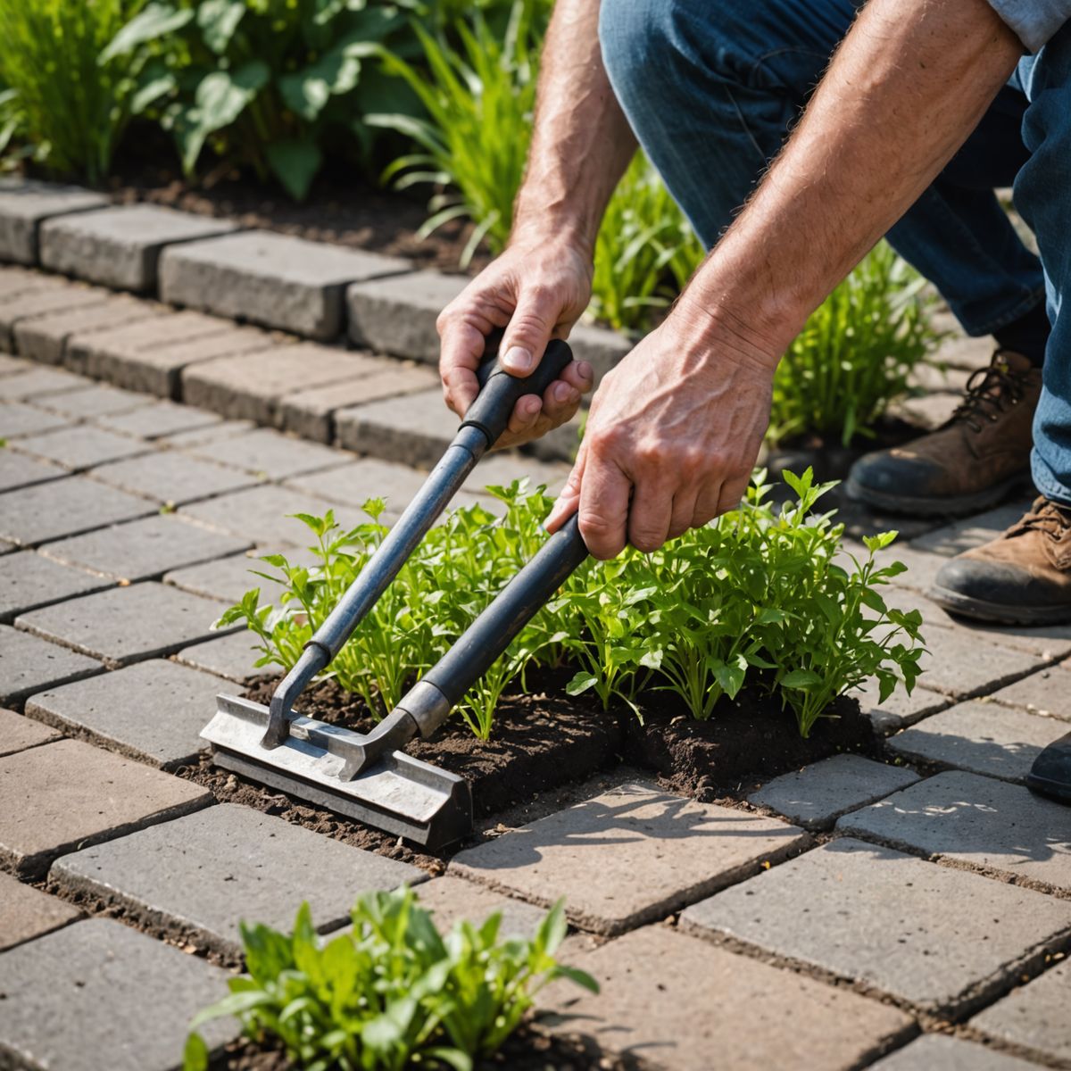 Hand using block paving weeding tool to scrape weeds from gaps between pavers