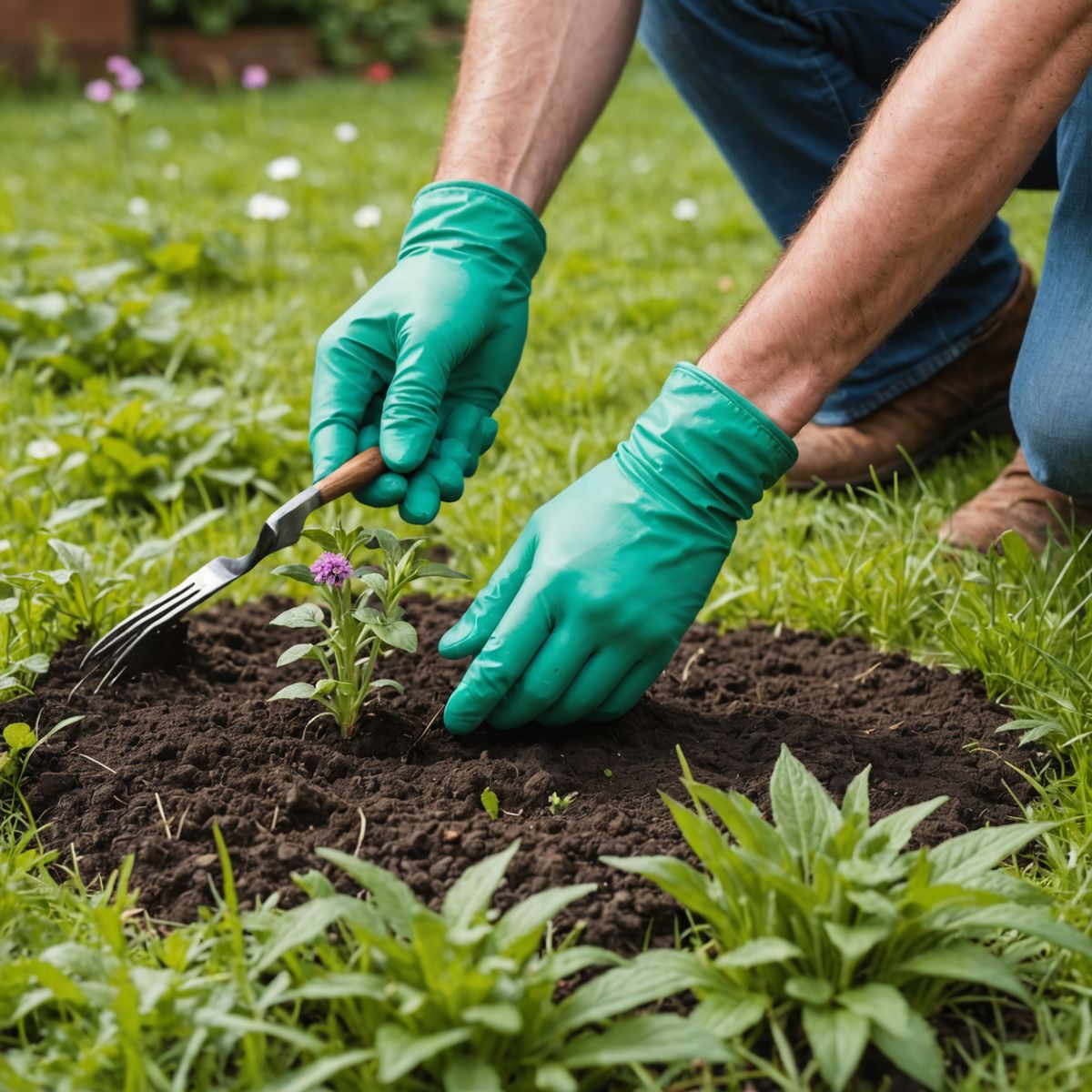 Using hand fork to remove self-heal from lawn