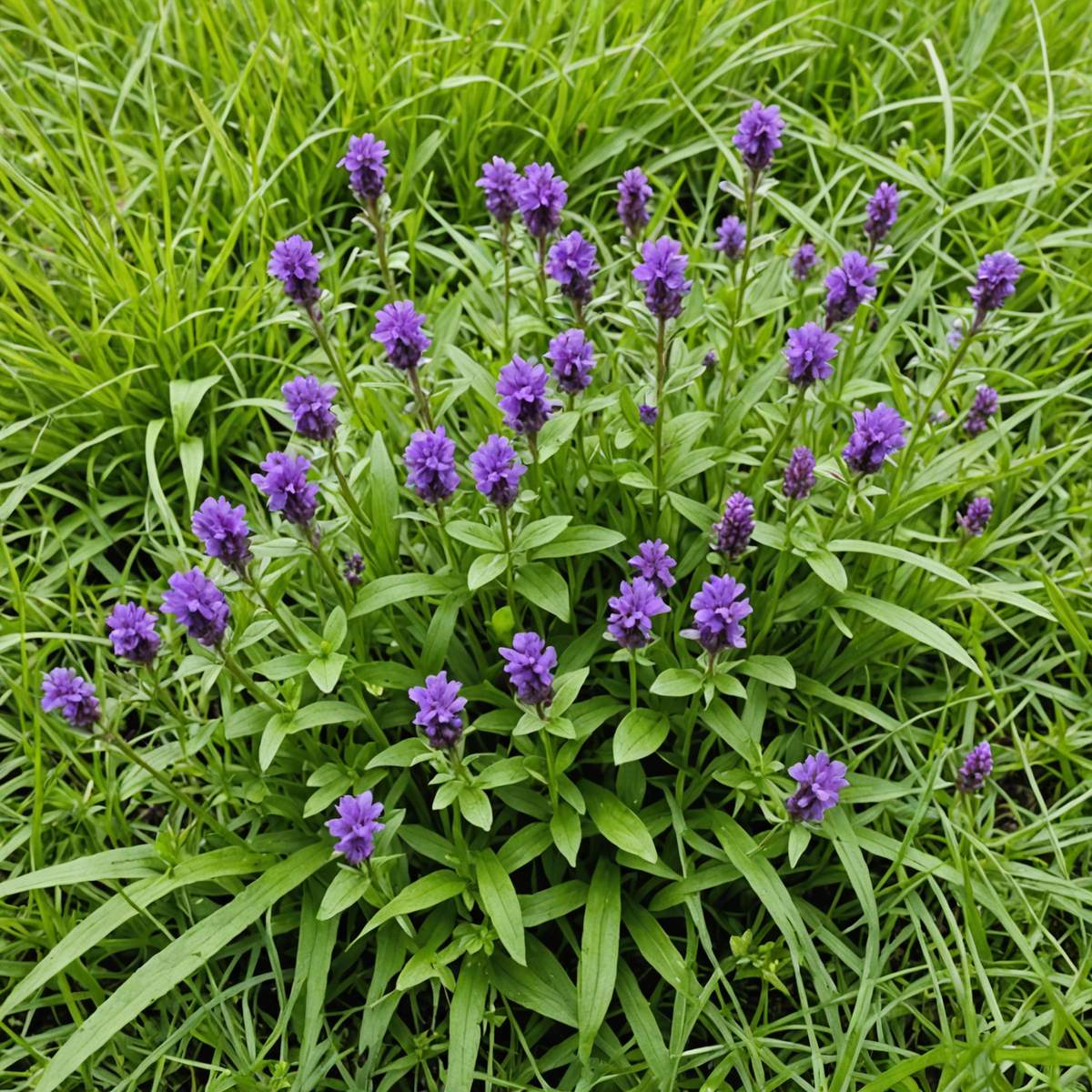 Dense patch of self-heal spreading across lawn