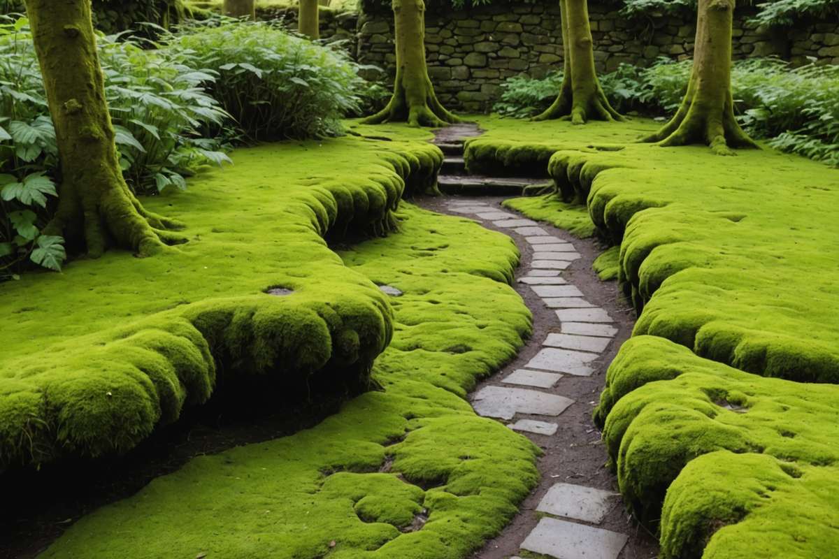 Shaded damp corner of garden with heavy moss growth